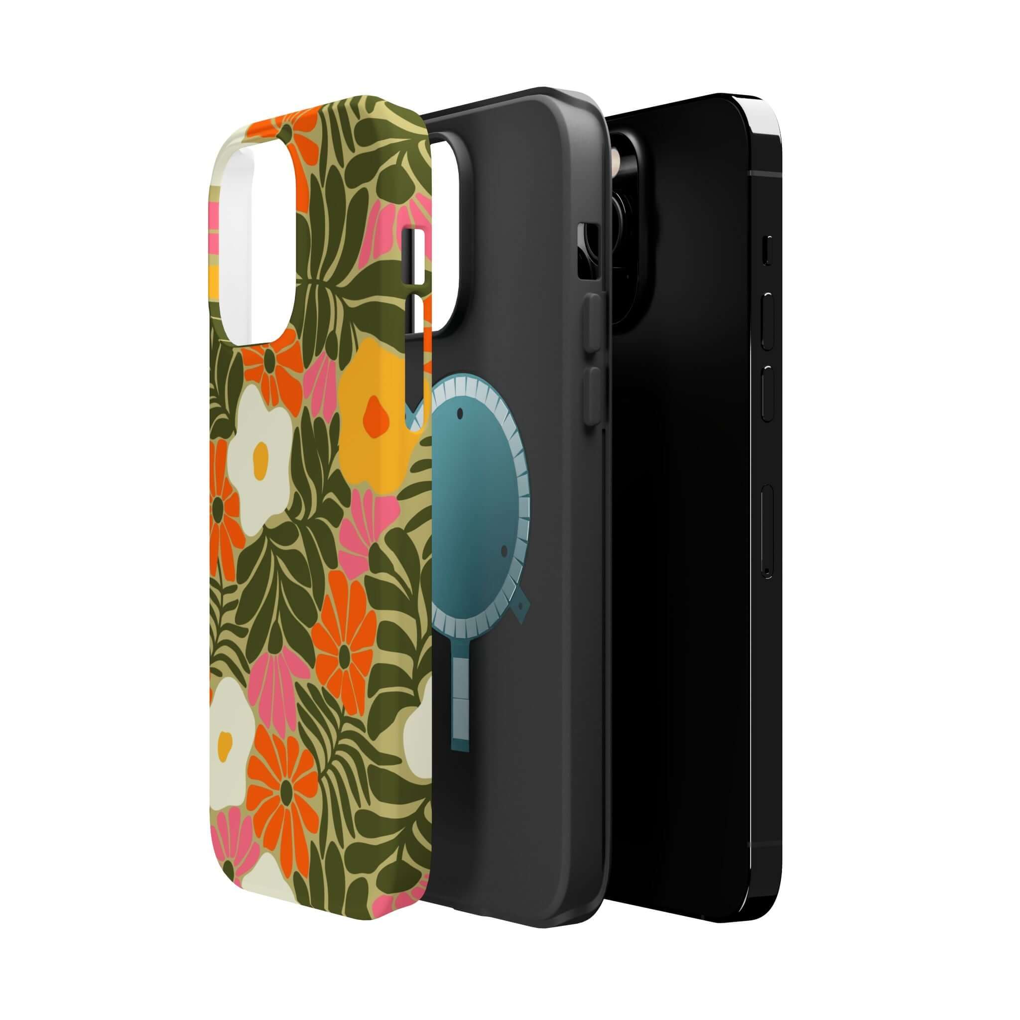 Vibrant retro floral and playful phone cases for Apple iPhone, showcasing cute designs and MagSafe compatibility.