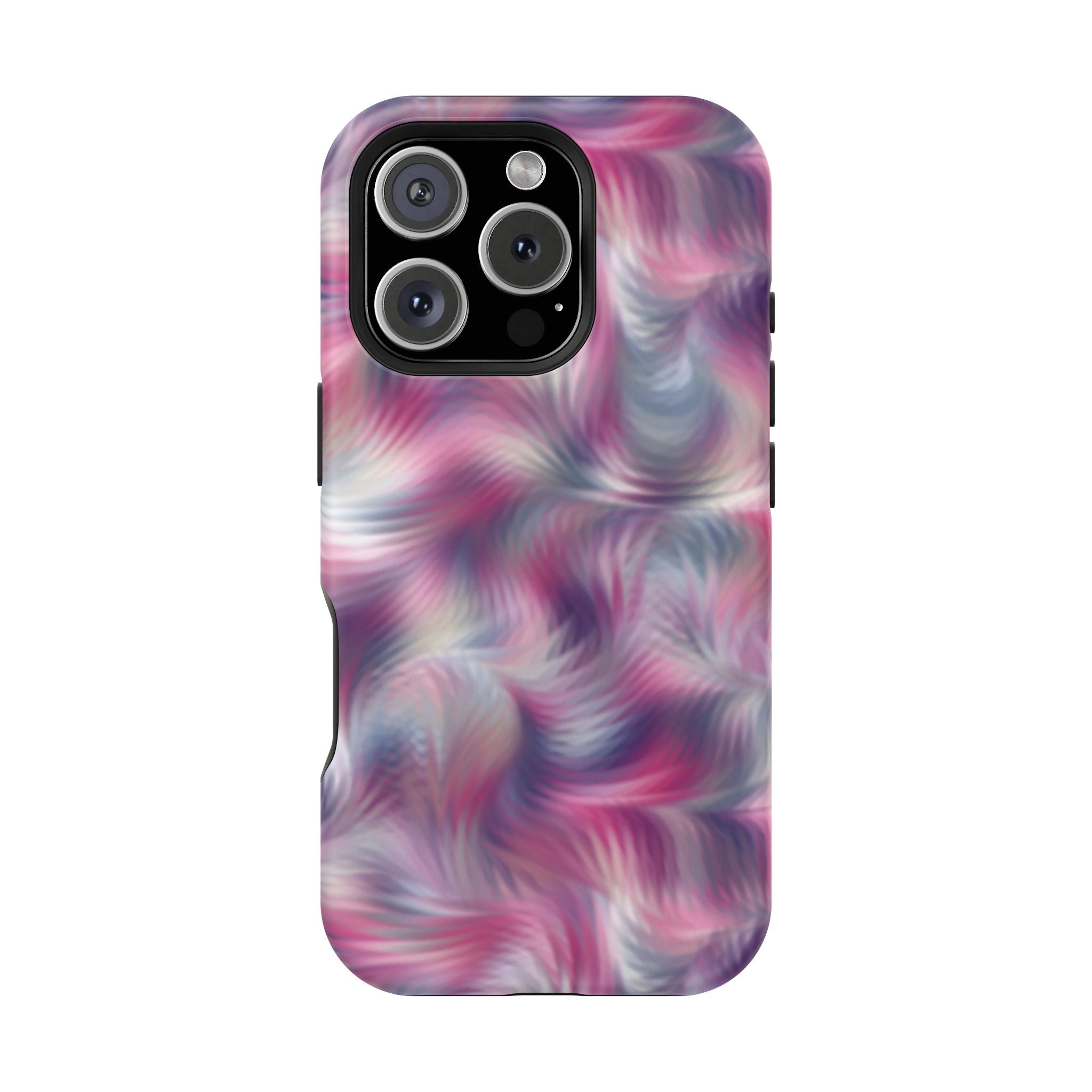 MagSafe iPhone Case with purple tie dye swirl design, quirky abstract phone cover for showcasing playful personality, cute floral case.