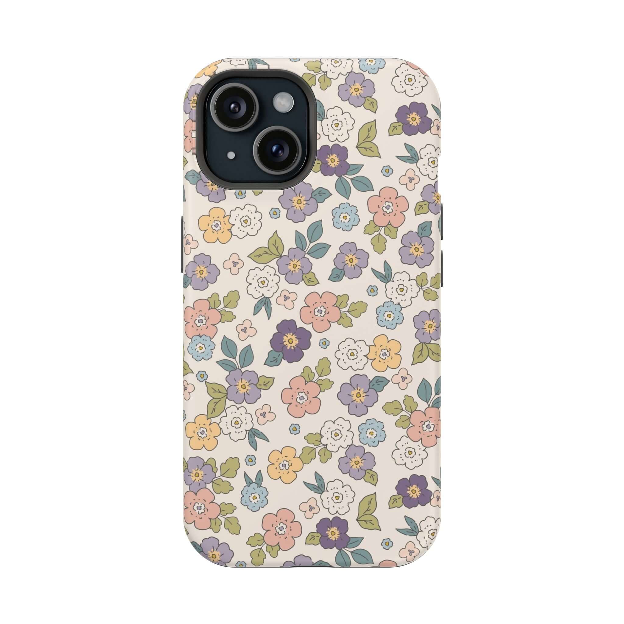 Colorful floral iPhone case with Ditsy Daisies design, perfect for stylish users and MagSafe compatible.