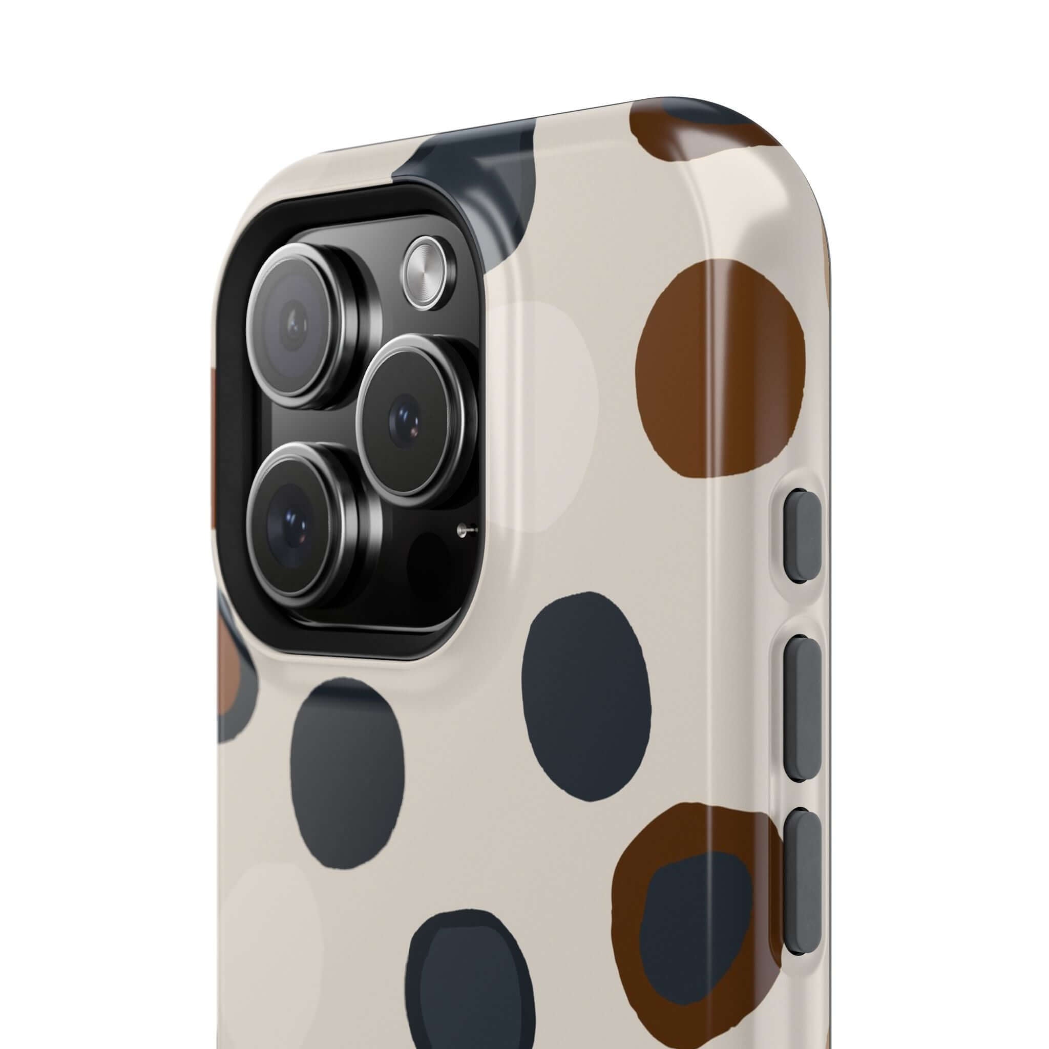 Chic Wanderer Modern Spots Case with brown abstract dots, colorful MagSafe iPhone accessory, cute and stylish phone protection.