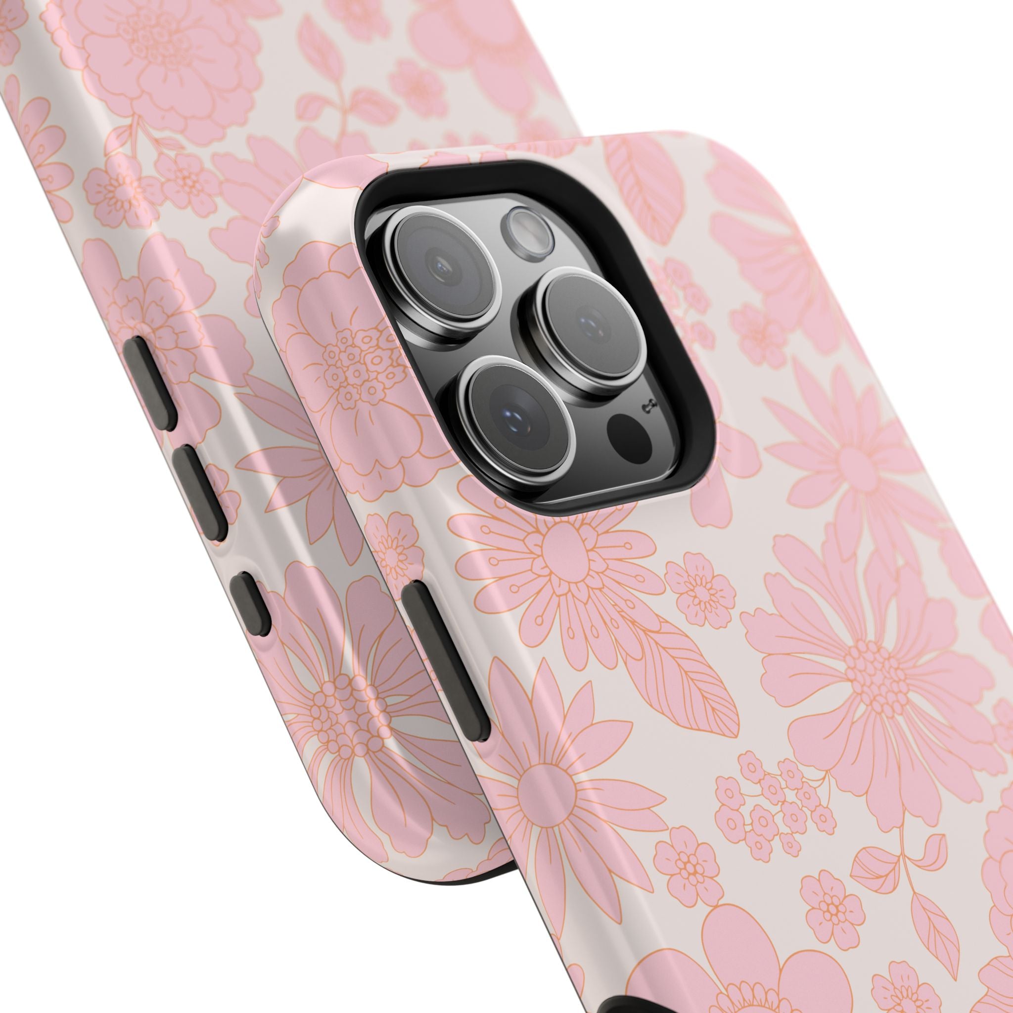 Pink floral MagSafe phone case for iPhone 16, featuring a charming cottagecore design for a cute and whimsical aesthetic.