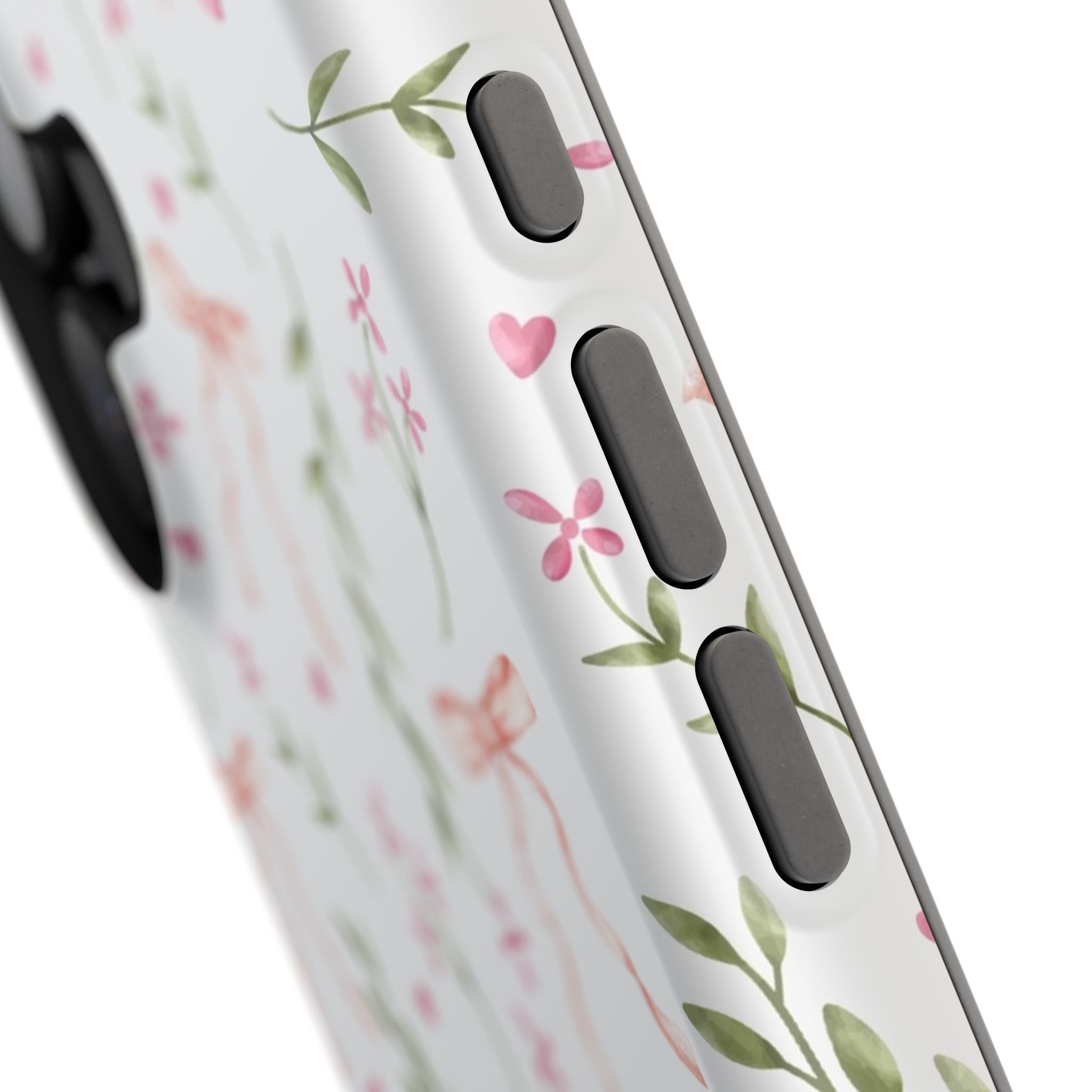 Close-up of Pink Coquette MagSafe iPhone Case by Darling Daydream with floral design and whimsical details. Cute phone cover for style lovers.