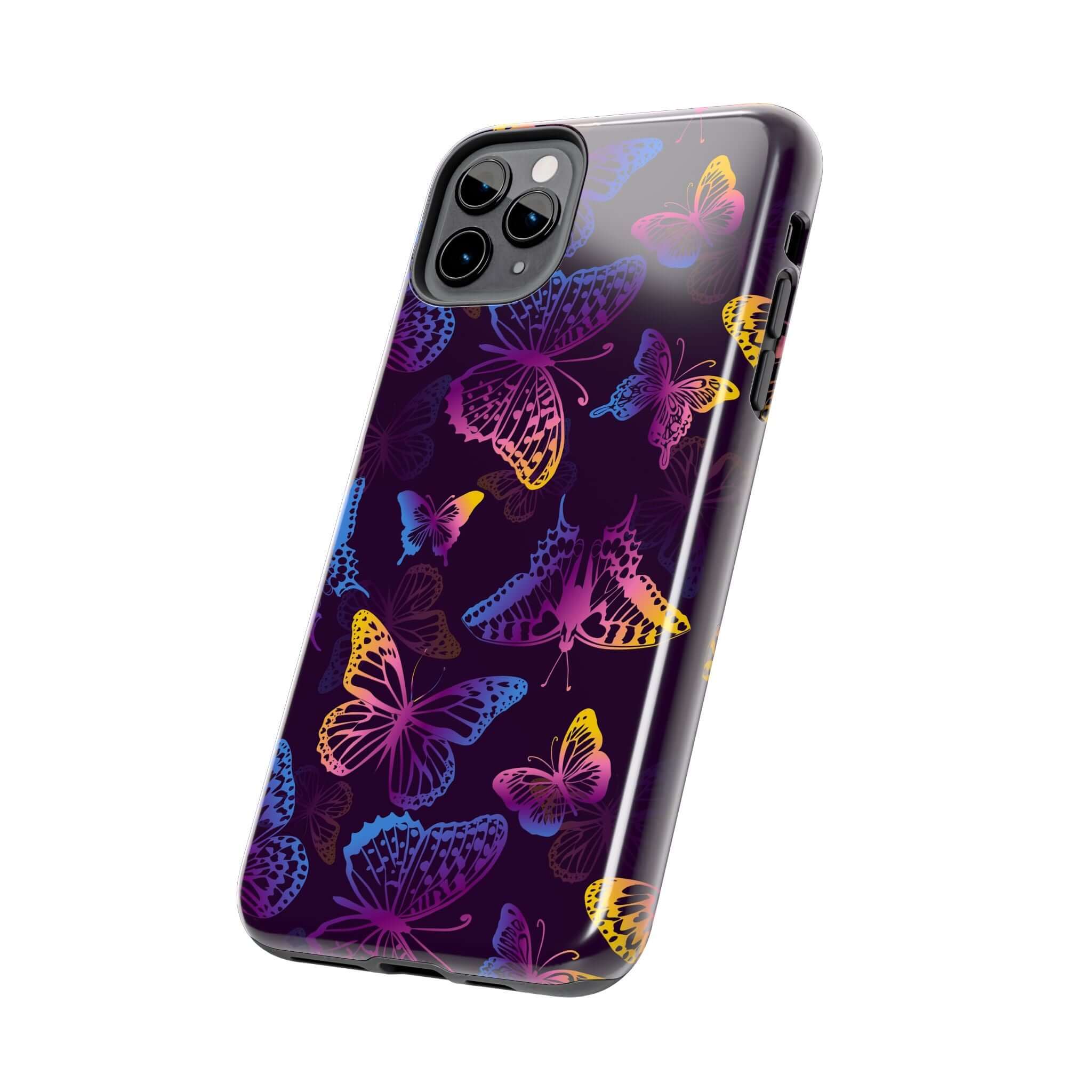 Midnight Flutter black MagSafe iPhone case with vibrant butterfly design, a groovy and cute phone cover for butterfly lovers.