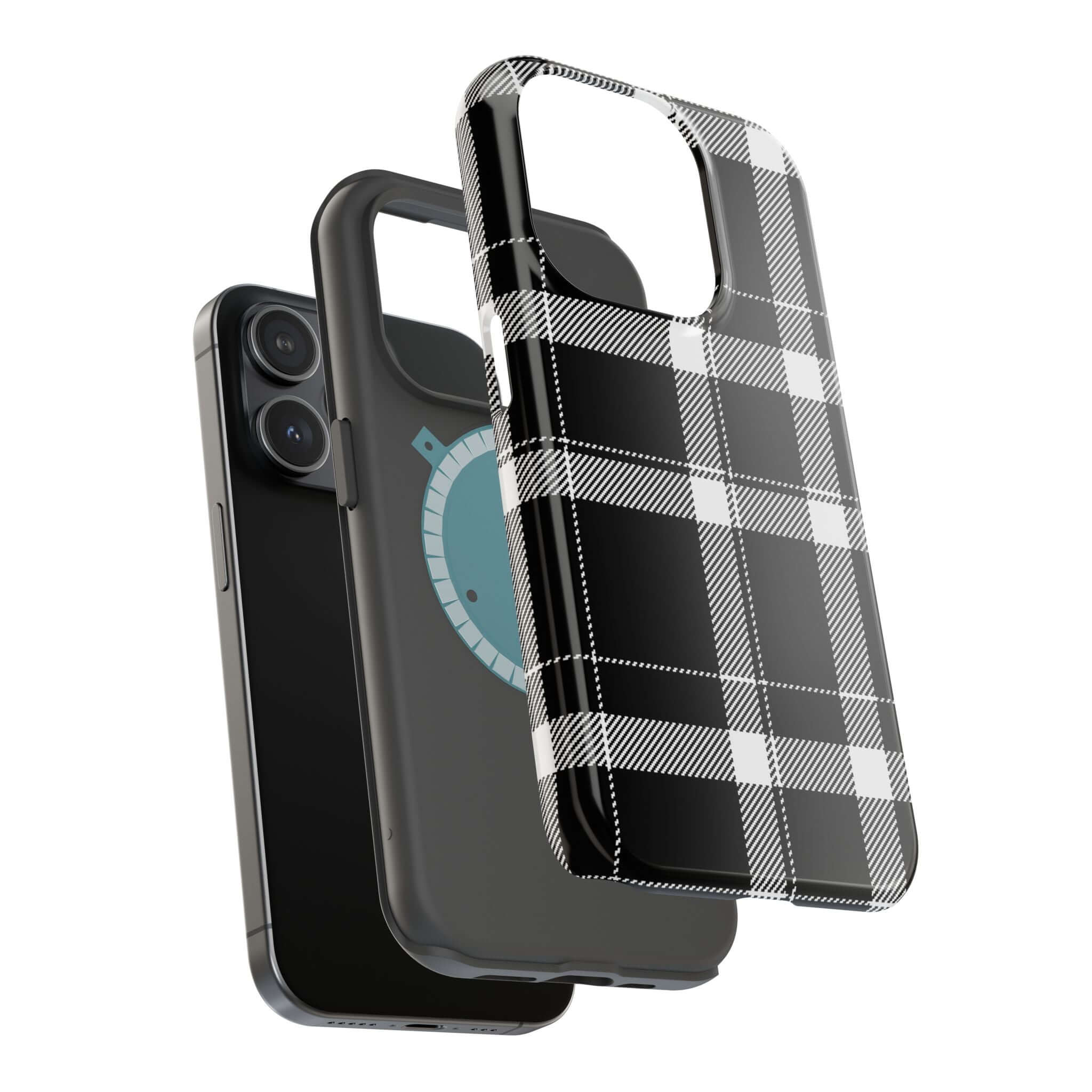 Stylish black plaid phone case showcasing protection for Apple iPhone, perfect cute phone cover for fashion enthusiasts.