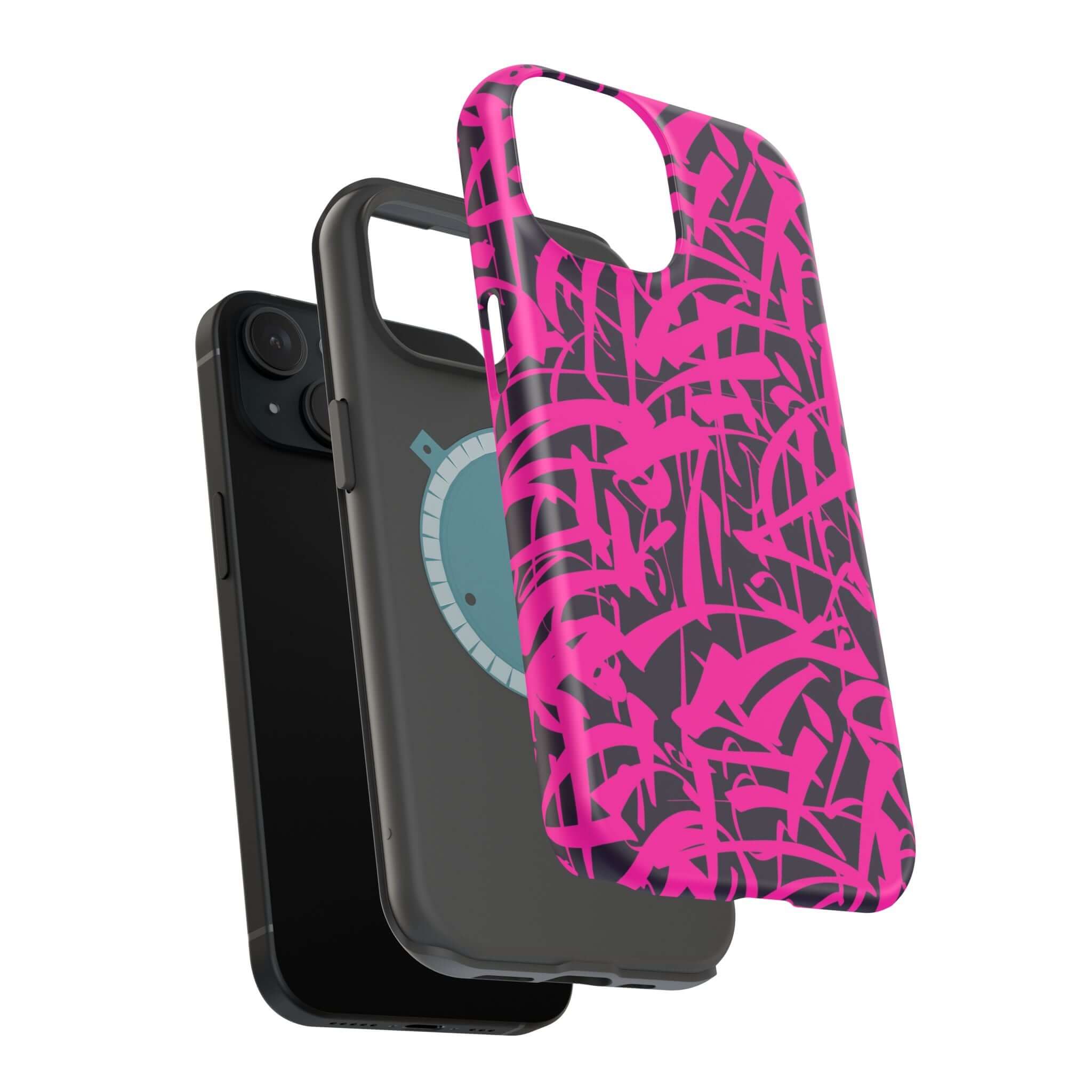 Colorful Midnight Pop pink art phone case alongside a sleek black phone cover, perfect for iPhone protection and style.