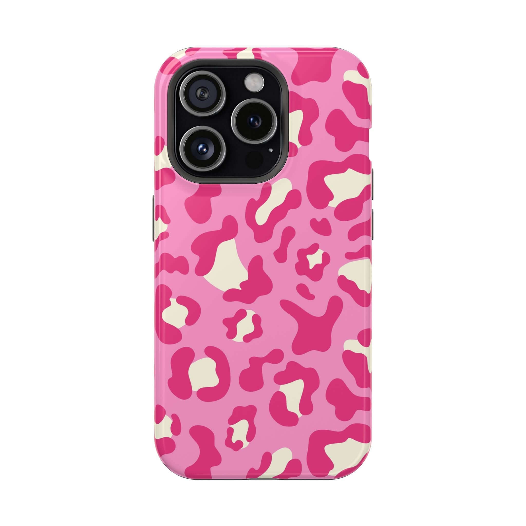 Preppy Cheetah Pink Case for iPhone 14 Pro Max - MagSafe compatible phone case with unique pink and white cheetah print design.