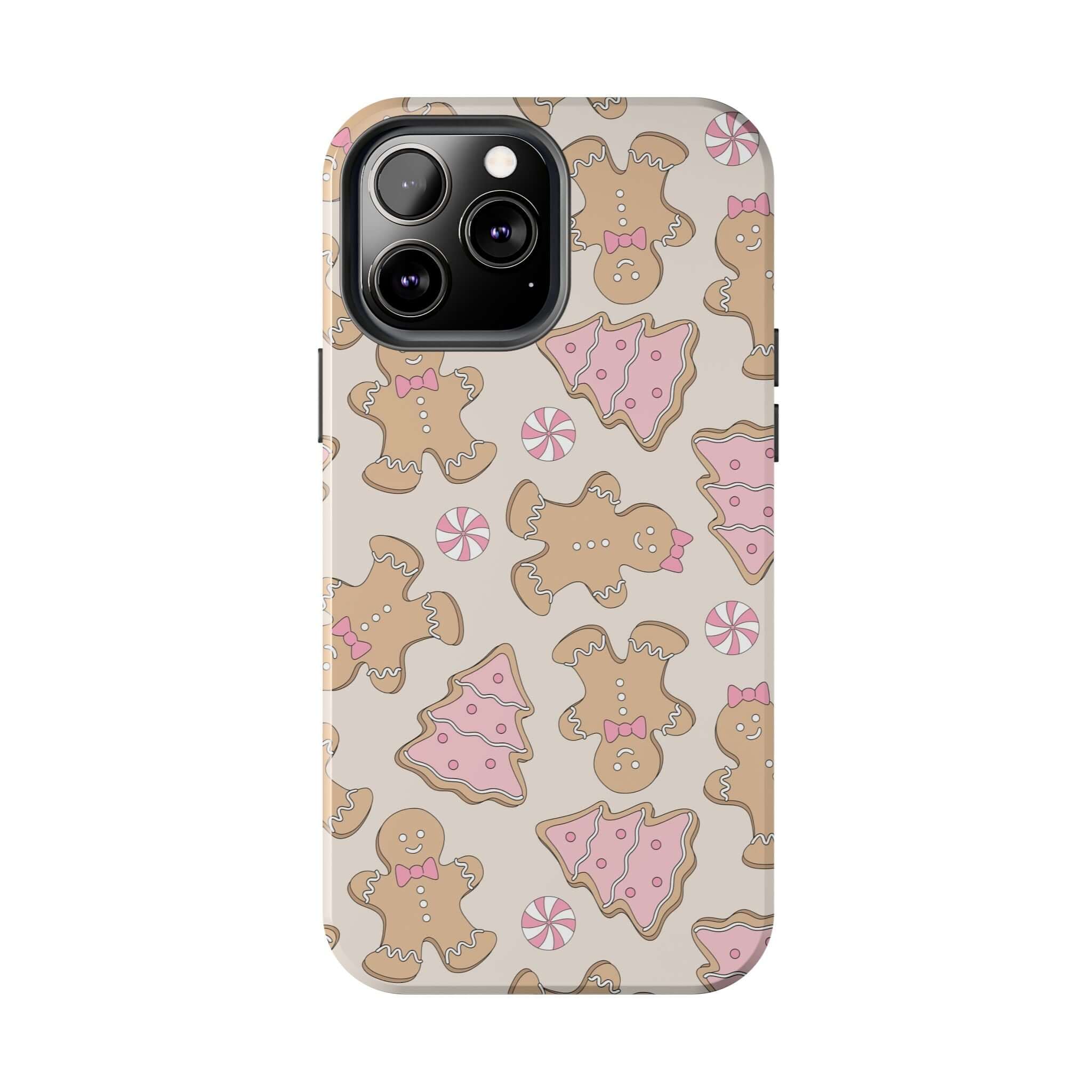 Cute iPhone case with gingerbread girlie design, colorful holiday phone cover for Christmas cheer.