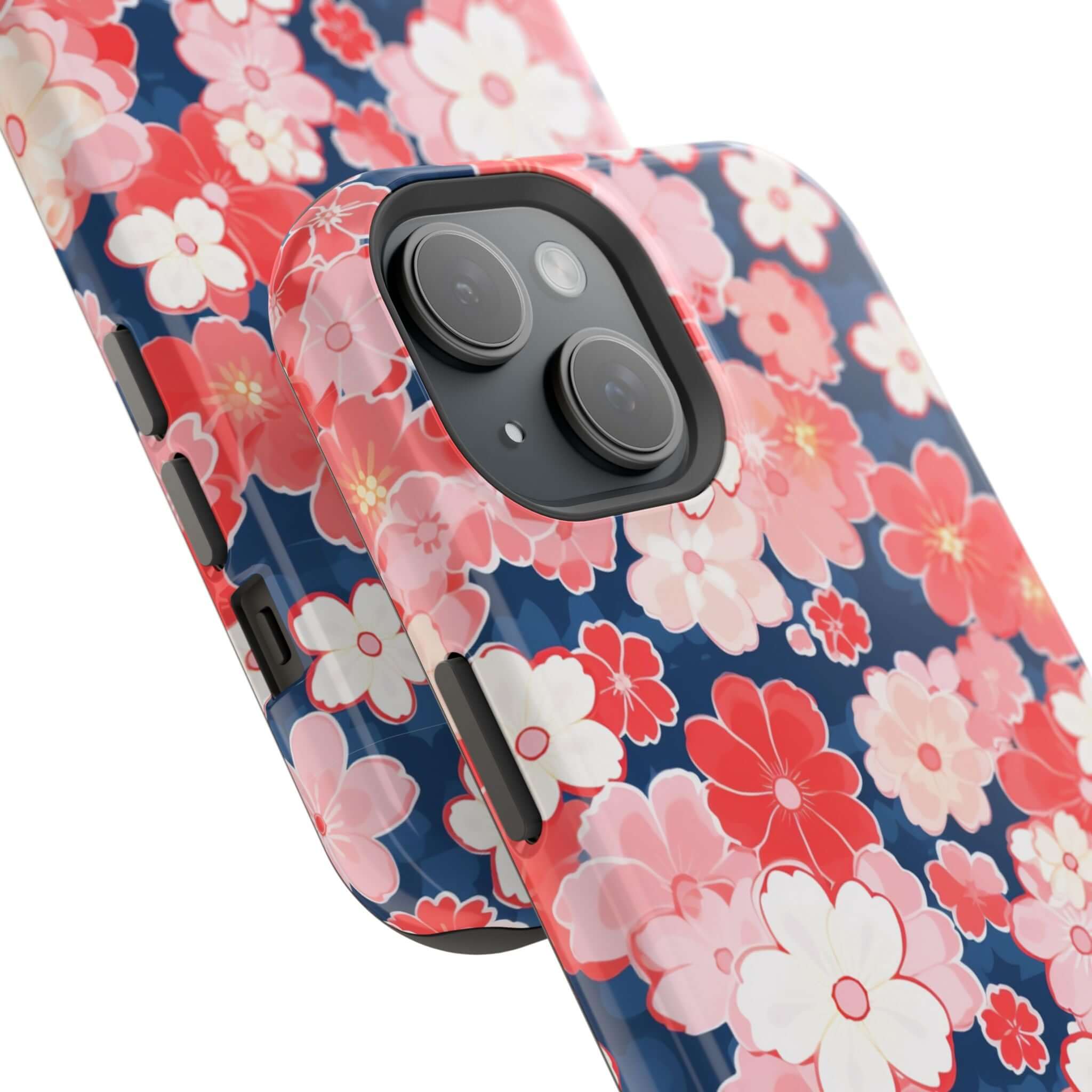 Pink floral iPhone 14 Pro Max case, phone case with vibrant flowers, Oh So Pretty design for iPhone with case.