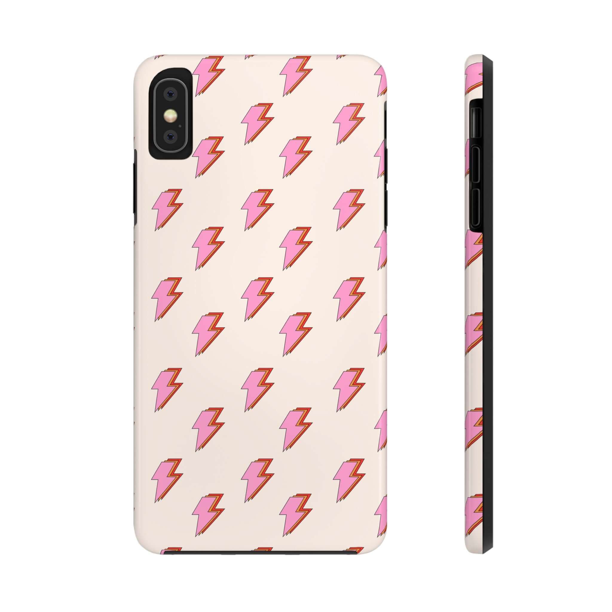 Cute iPhone case with pink lightning bolts retro design, perfect for iPhone 14 and iPhone 15, stylish phone cover with free shipping.