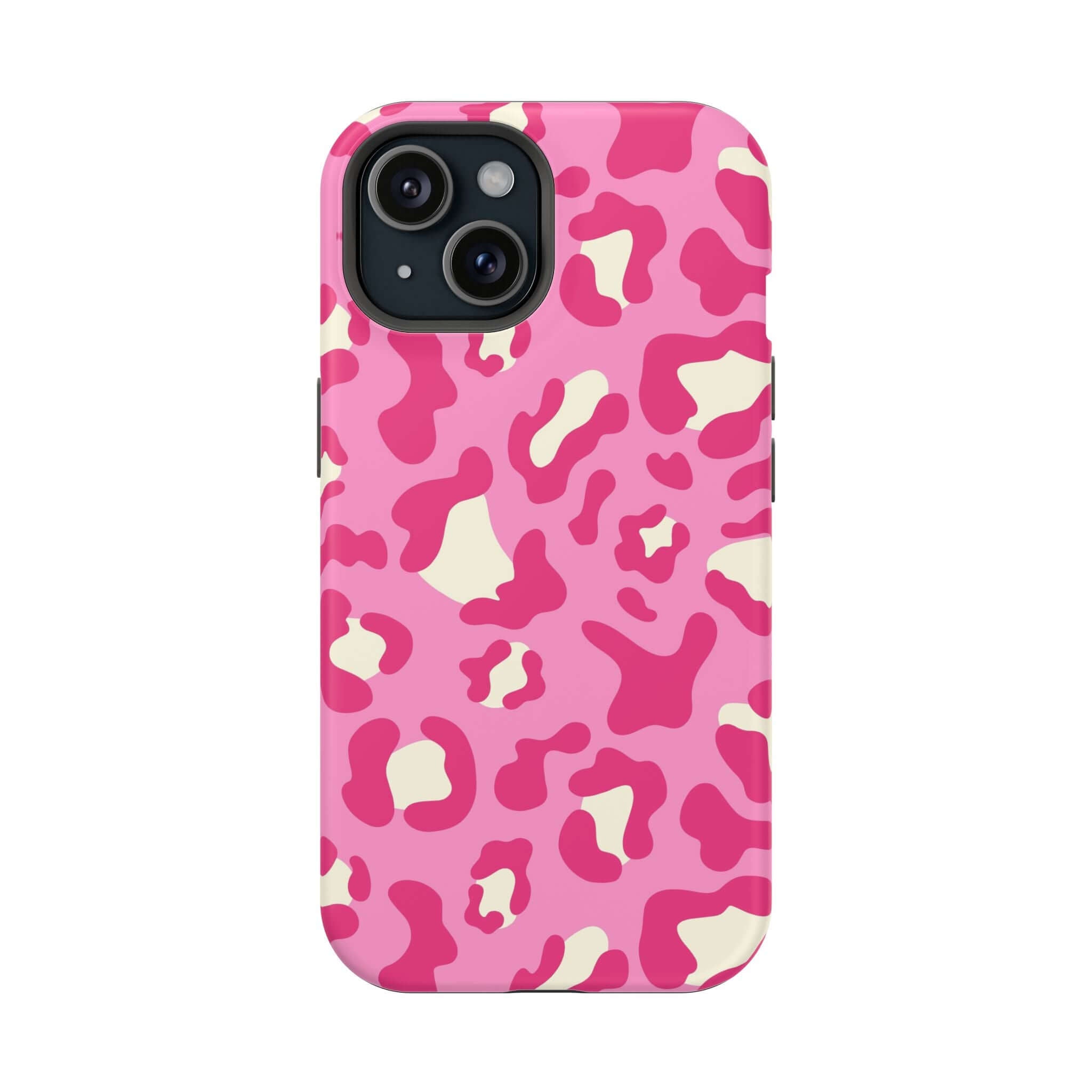 Preppy Cheetah Pink Phone Case for iPhone 14 Pro Max with MagSafe, colorful and functional design with free shipping. Upgrade your style today!