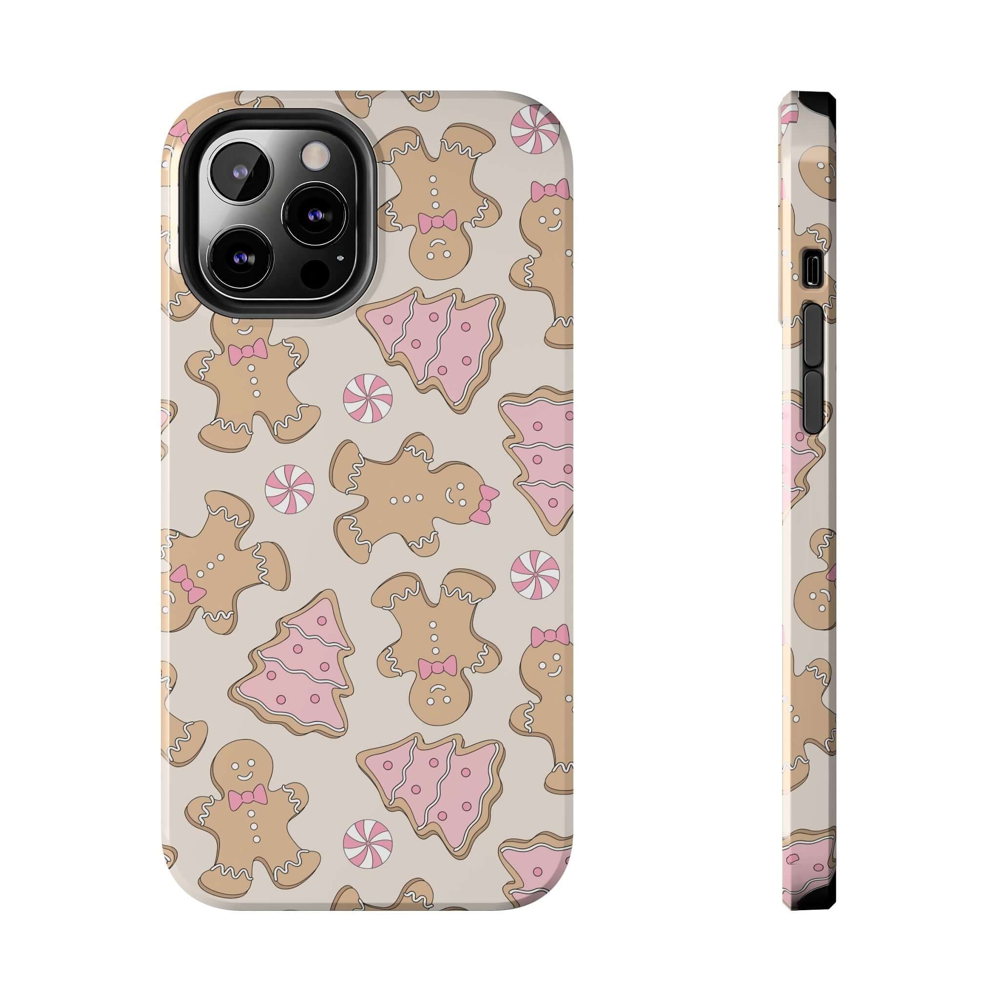 Cute gingerbread girlie Christmas phone case with colorful holiday design for iPhone. Perfect festive gift and phone protector.