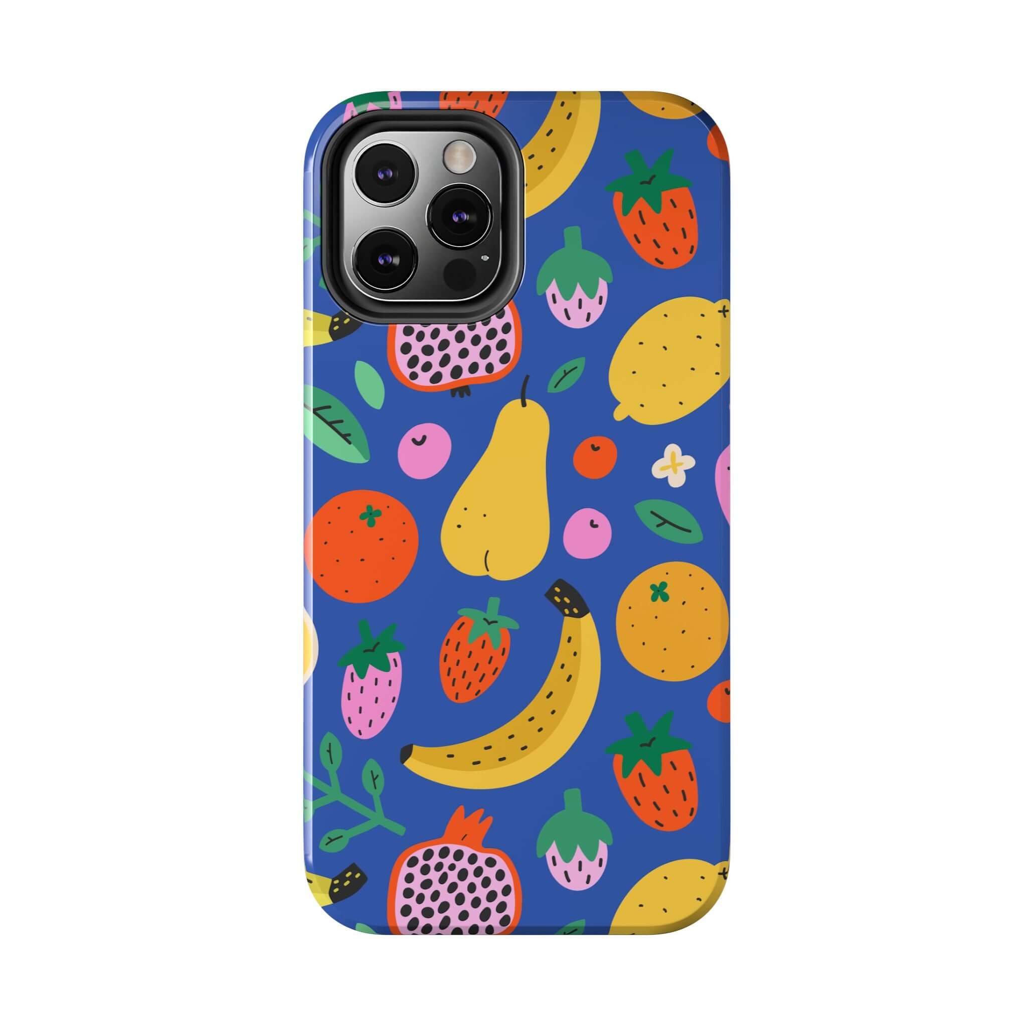 Cute phone cover with beachy fruit design on a blue background, perfect for Apple iPhone and summer vibes.