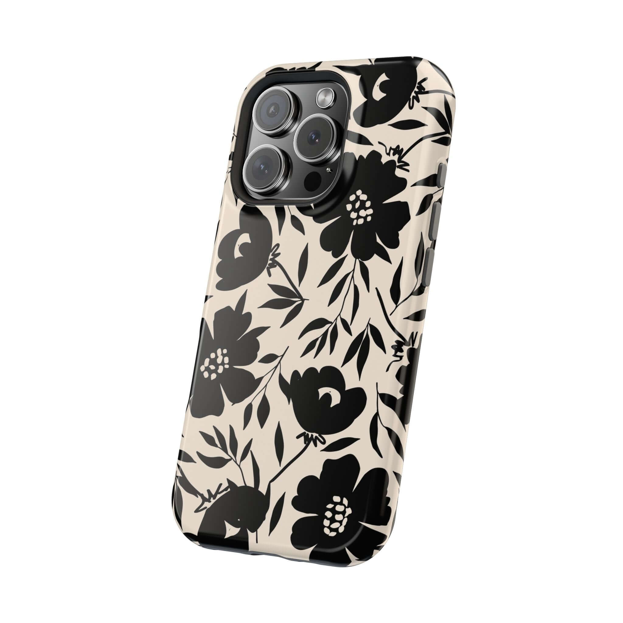 Cute Eclipse Garden black floral iPhone 16 case with bold design, perfect for adding fantasy to your everyday style.