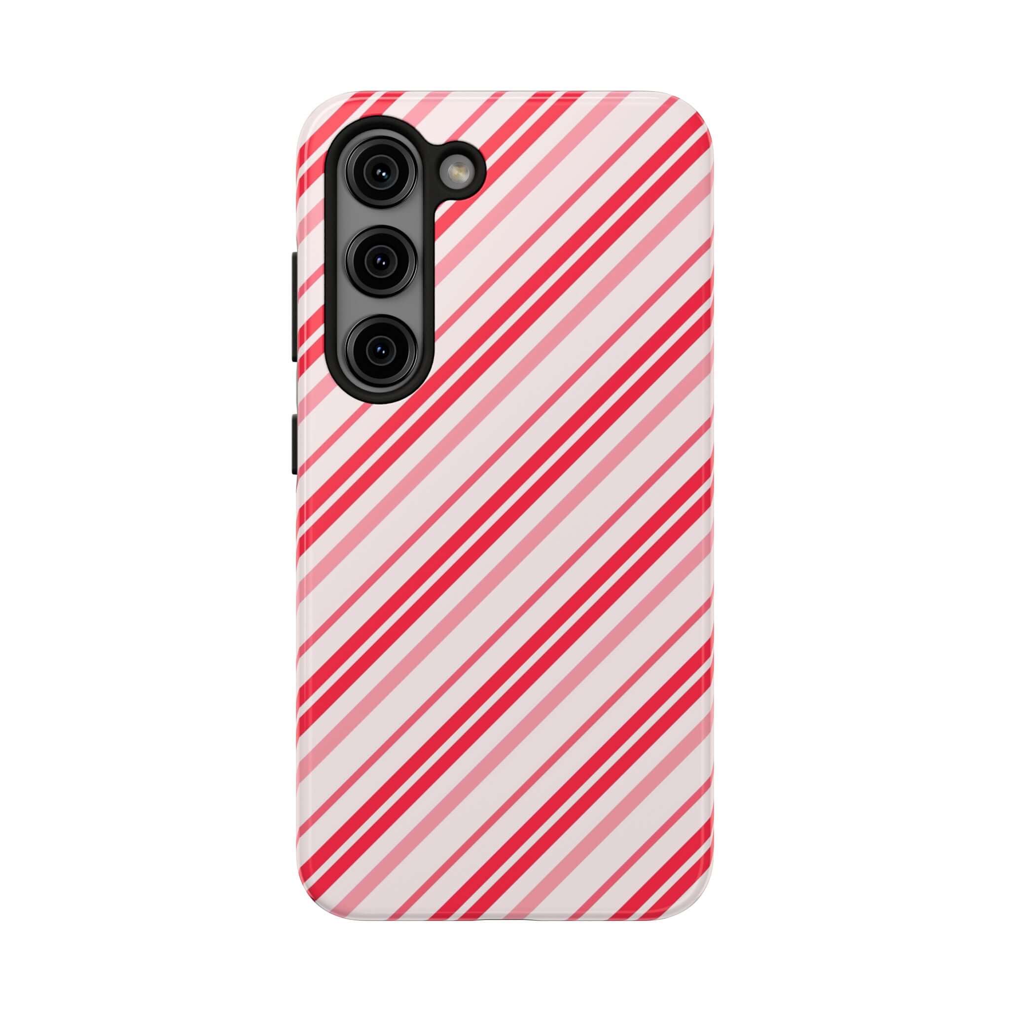 Candy Cane Cutie striped holiday phone case featuring red and white diagonal stripes, perfect cute iPhone case design.