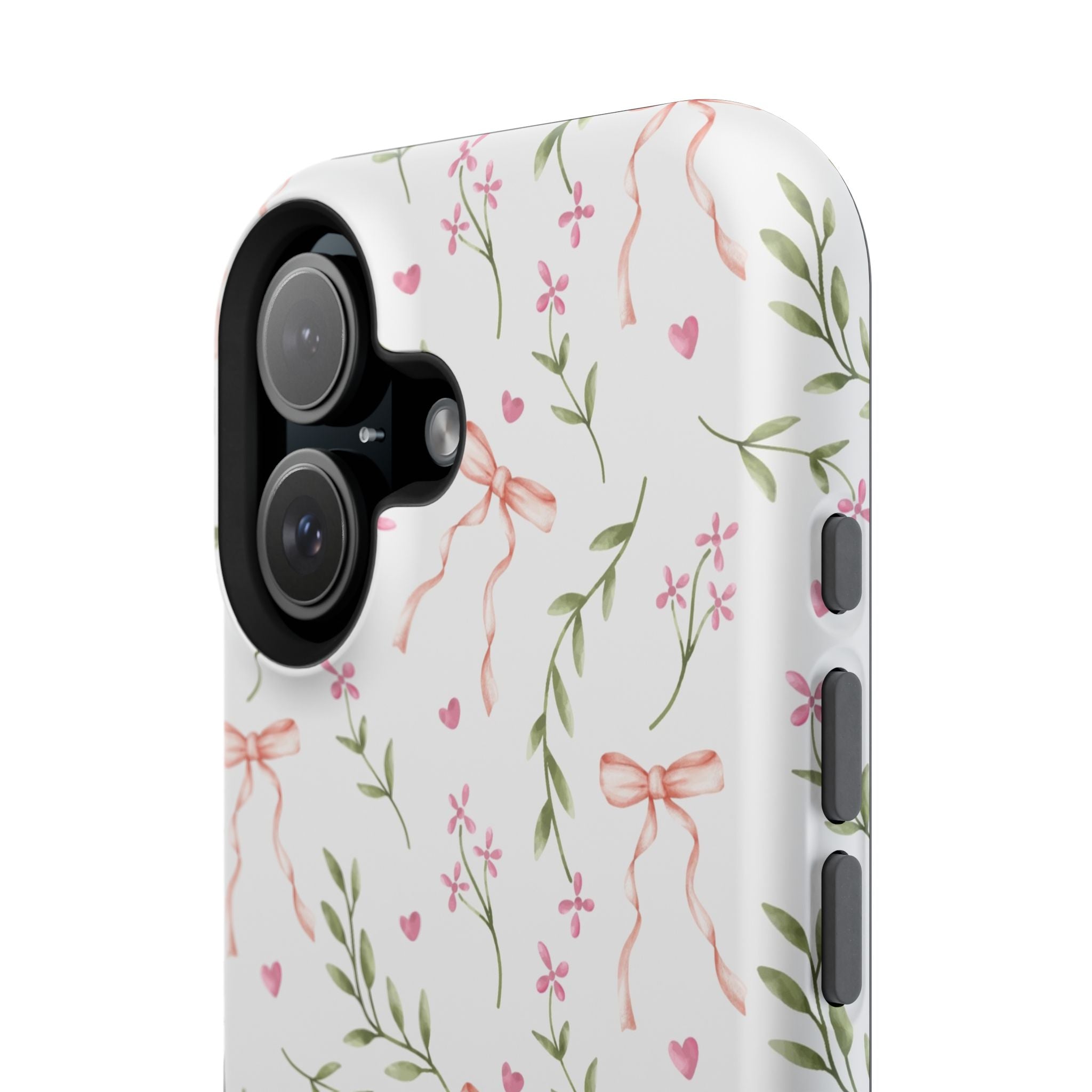 Pink Coquette Case with bows and floral design, compatible with MagSafe iPhone, cute phone cover from Darling Daydream.