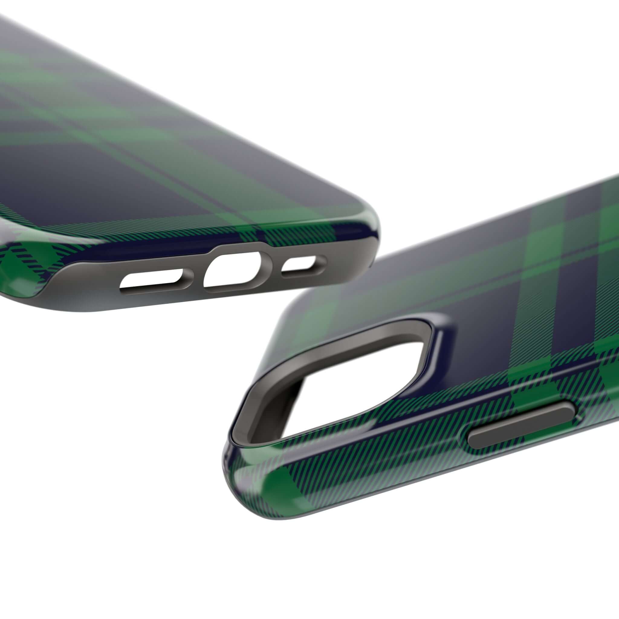 Close-up of Mistletoe Plaid MagSafe Case showcasing a festive green plaid design for iPhone protection.