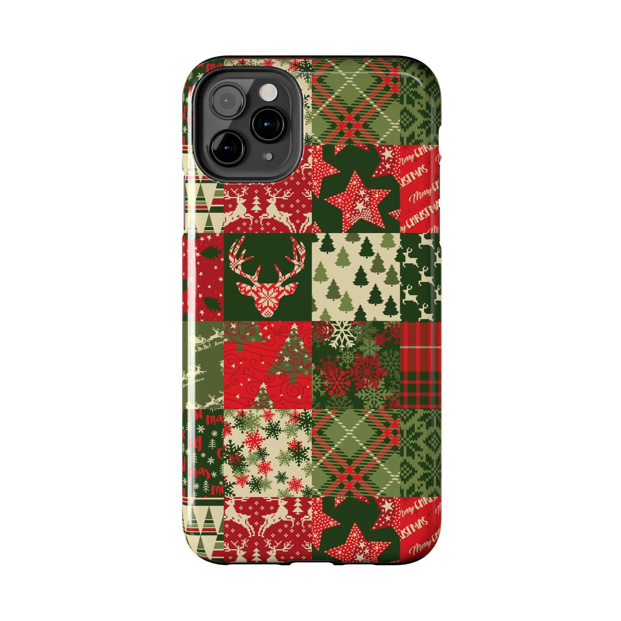 Festive green holiday phone case with Christmas trees, reindeer, and snowflakes patterns; cute custom iPhone case design.