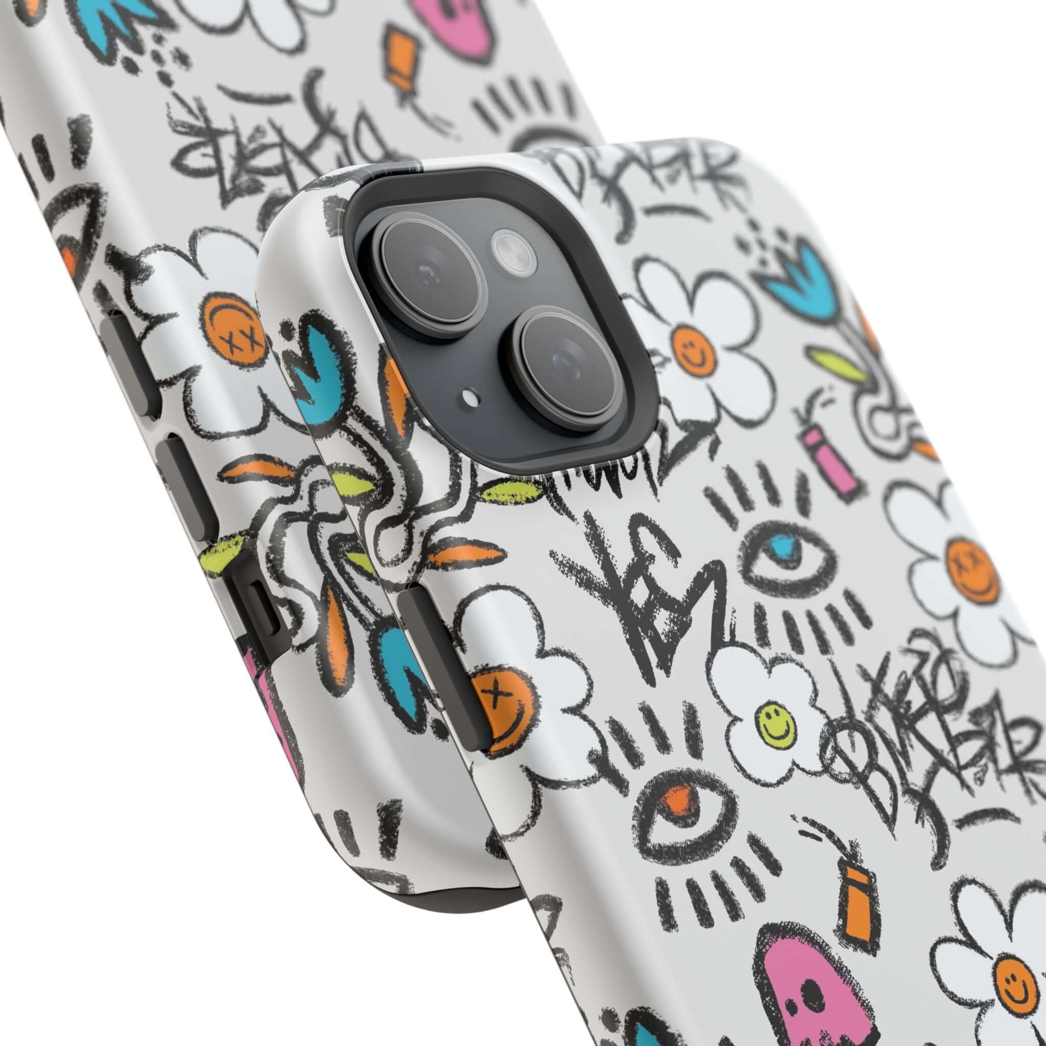 Close-up of Happy Chaos Floral Graffiti Case, featuring vibrant designs and MagSafe technology for a cute phone cover.