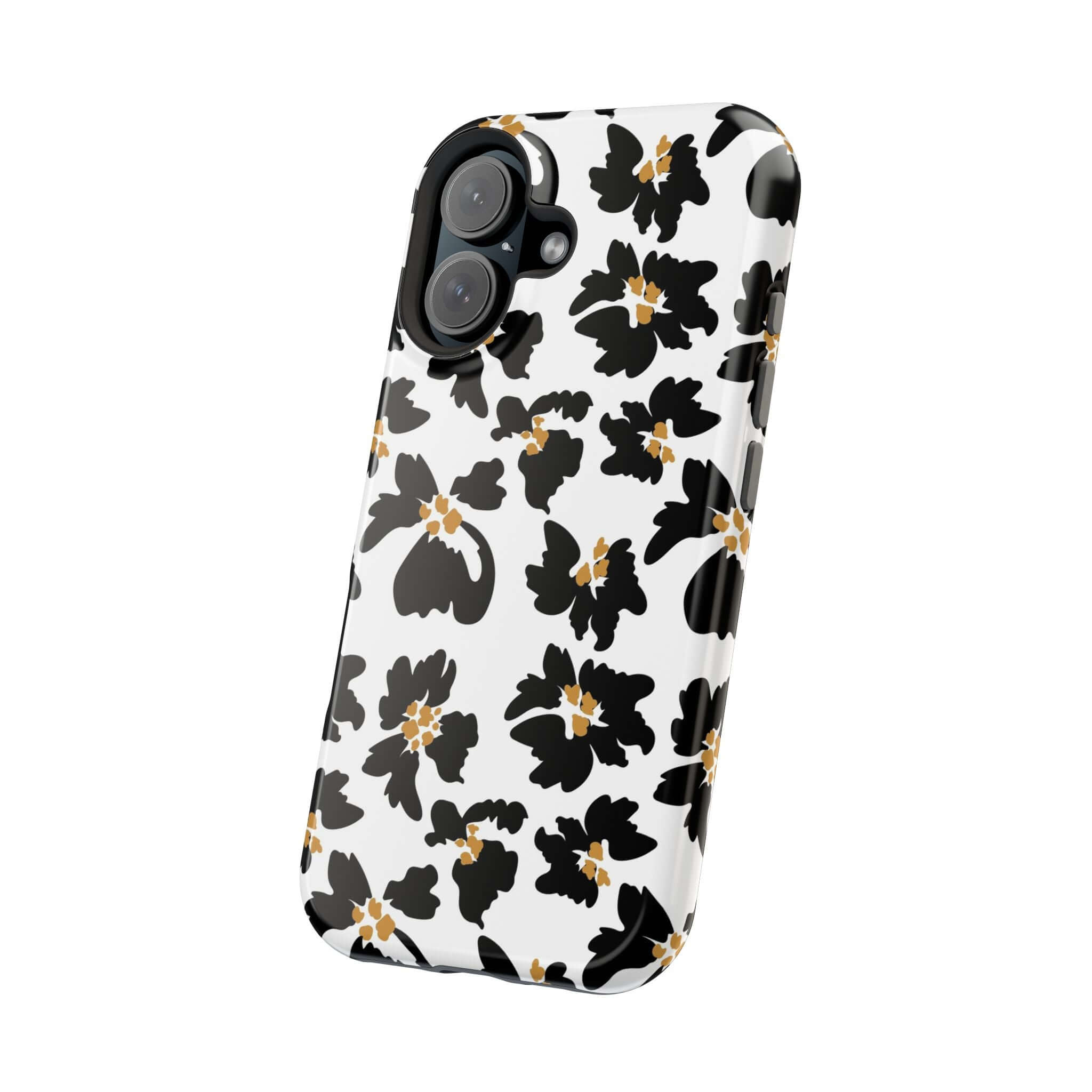 Modern Noir Flora Black Floral iPhone Case with Cute Animal Print Design, Stylish and Protective MagSafe Compatible Phone Cover