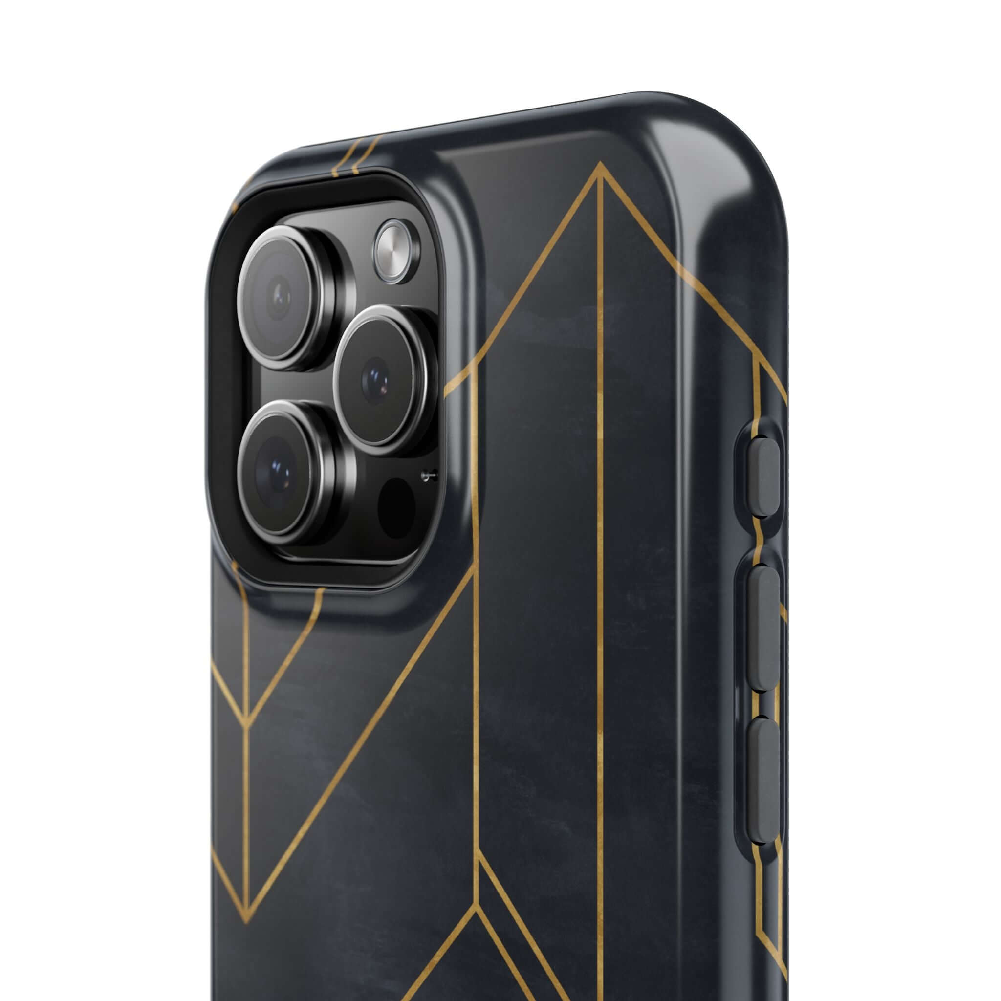 Modern geometric black iPhone case with abstract gold lines, stylish and cute phone cover for urban vibes.