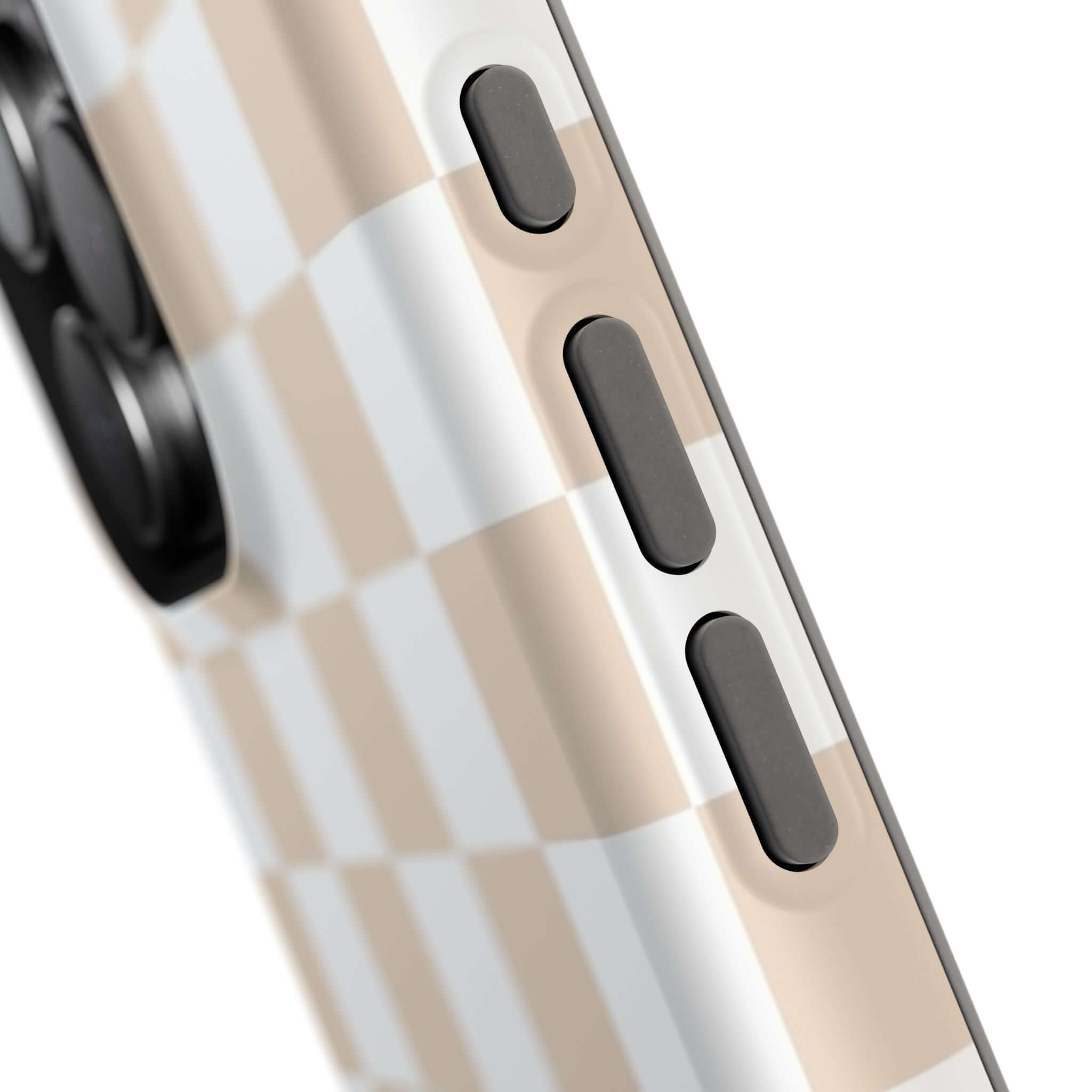 Cream checkered MagSafe iPhone 16 case close-up showing button detail and protective design