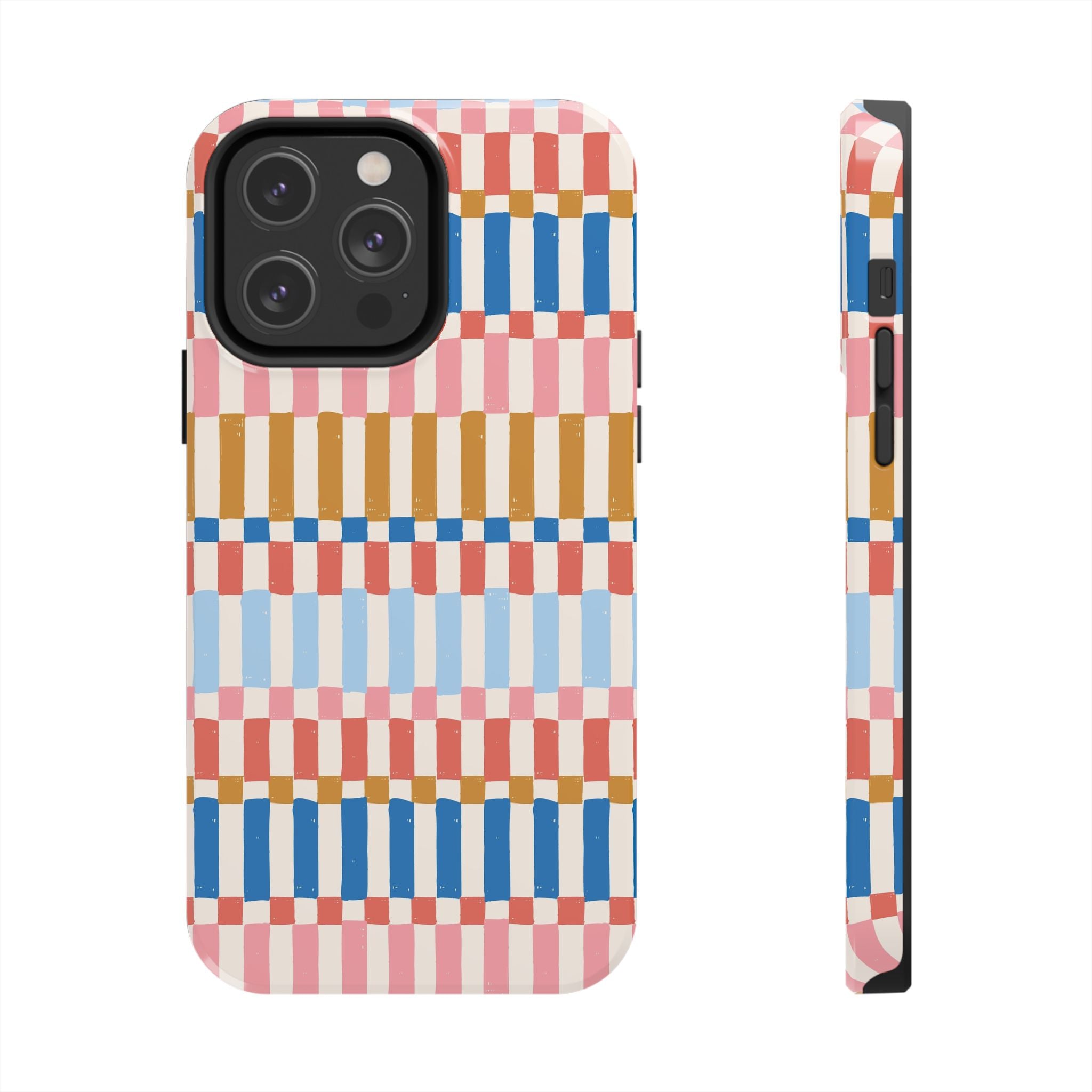 Colorwave Stripes vintage iPhone case with vibrant red, blue, and yellow stripes, showcasing a cute and stylish phone cover.