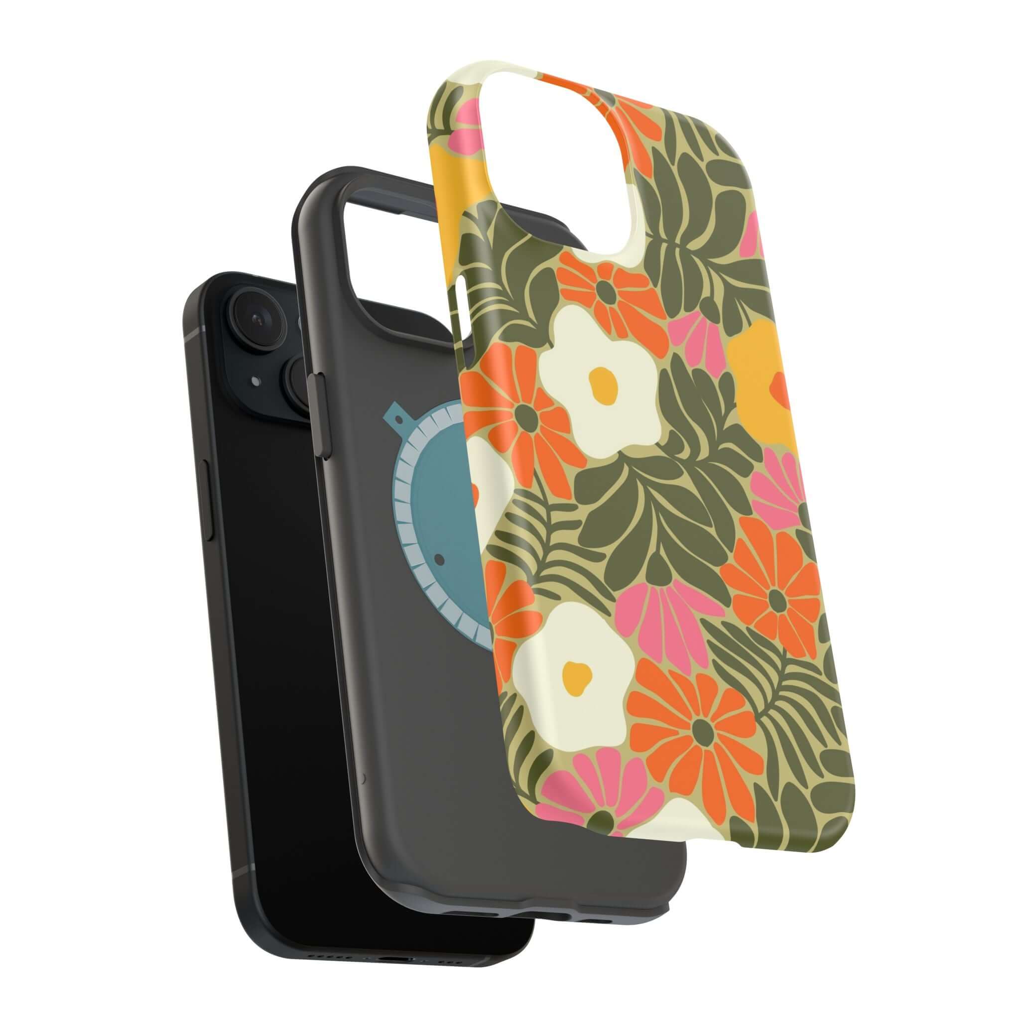 Colorful retro floral iPhone case showcasing tropical vibes, perfect cute phone cover for style and protection.