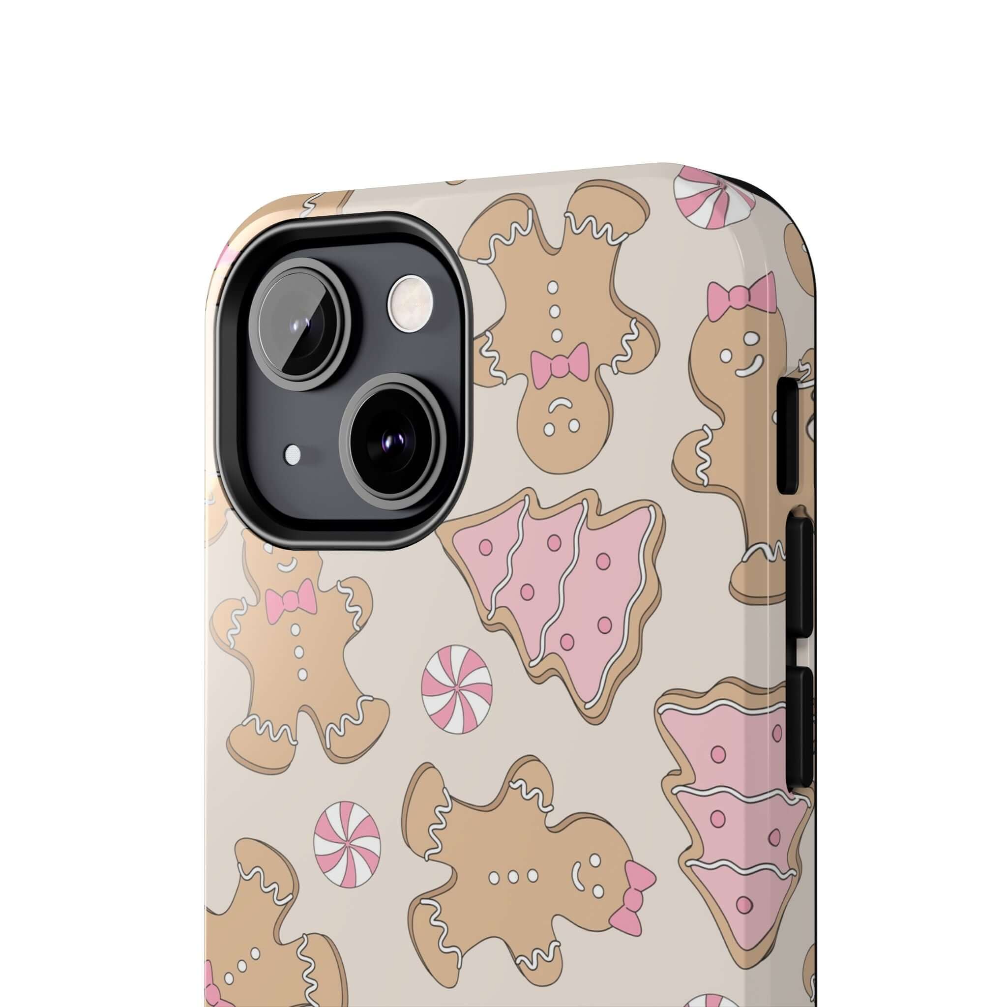 Cute gingerbread girlie pattern phone case for Christmas, colorful iPhone cover perfect for festive gifting and holiday cheer.