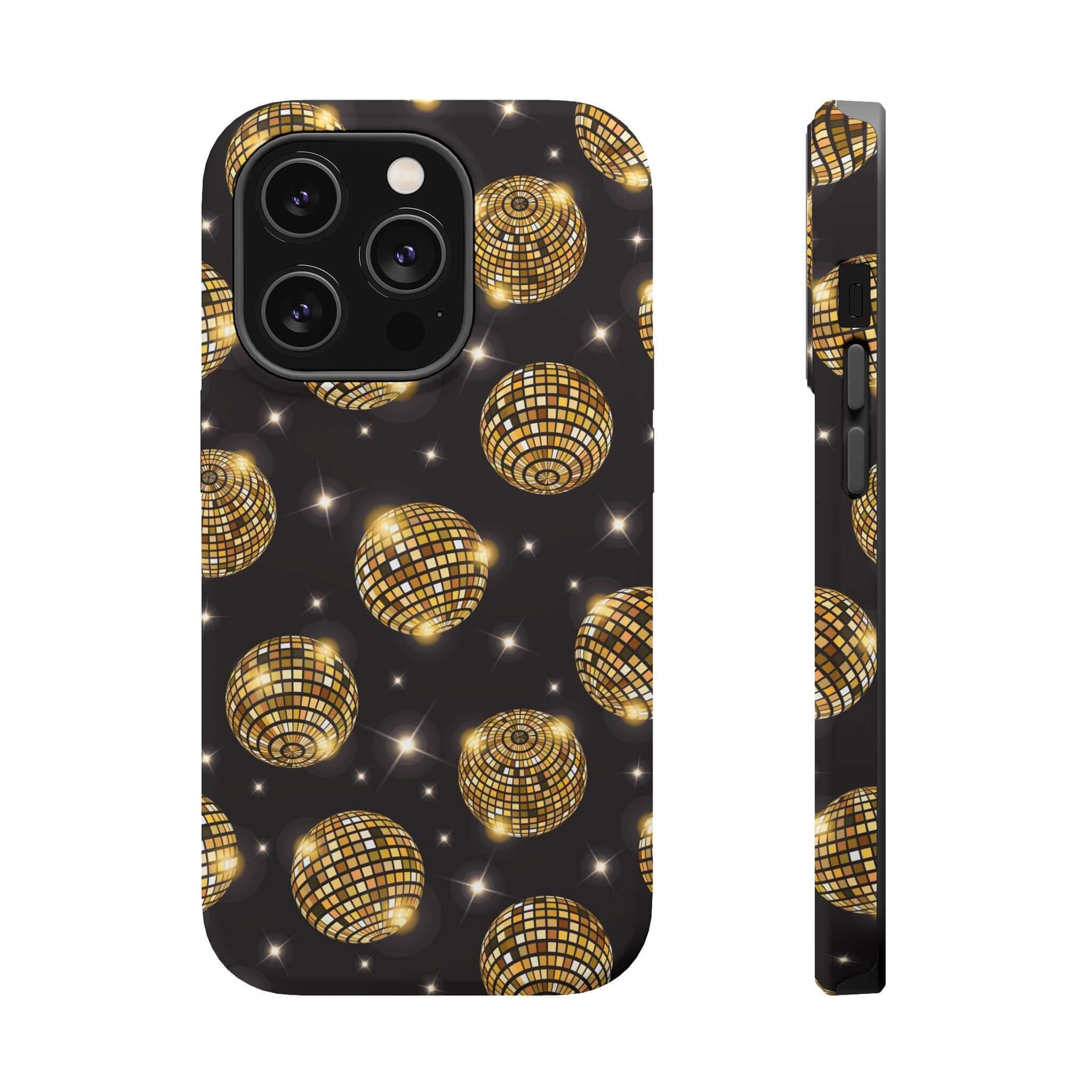 Cute iPhone 14 case with gold disco ball design, perfect for a night out. Cute phone cover free shipping.