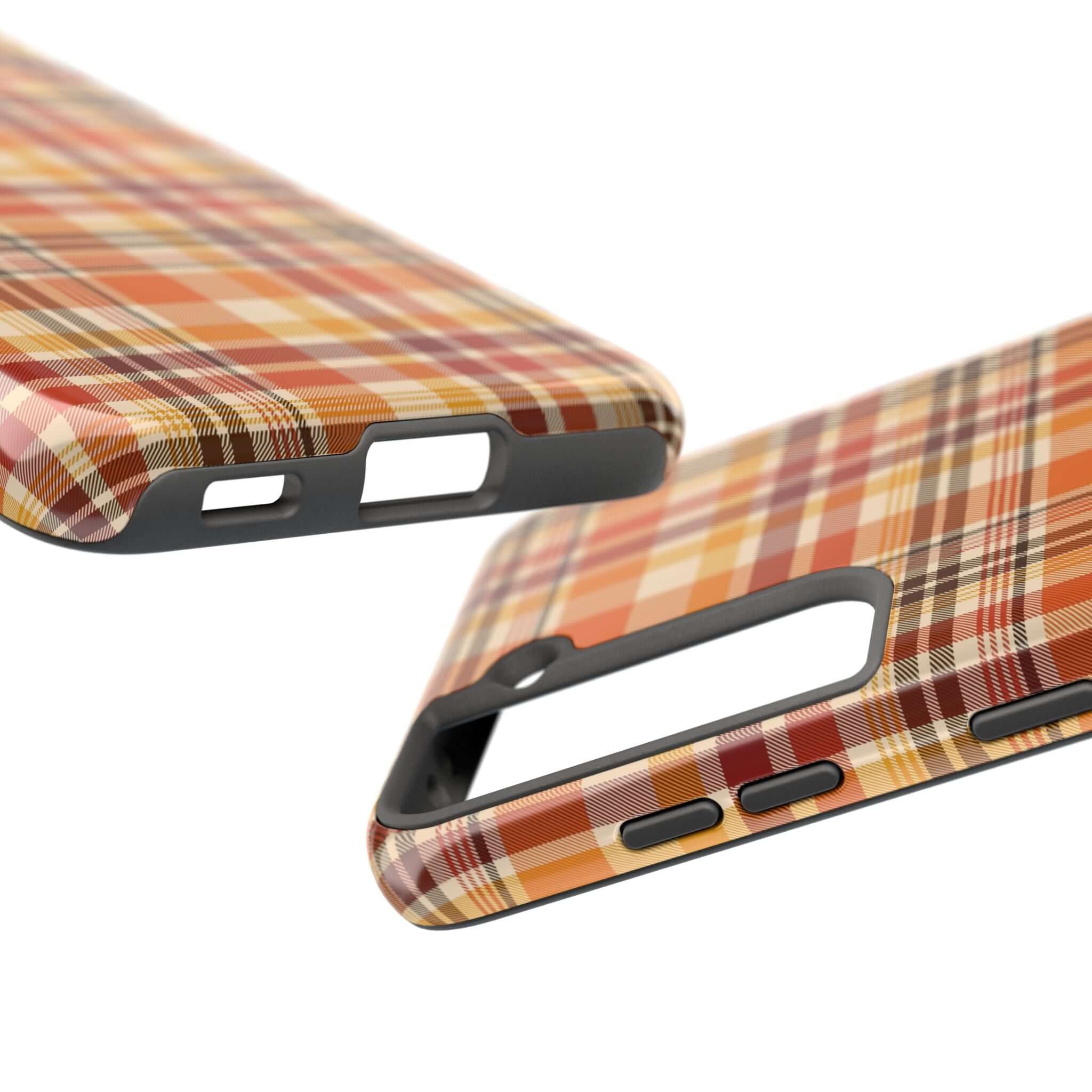 Autumn Air Fall Plaid case for iPhone, featuring a stylish orange and brown plaid design, perfect as a Halloween and fall phone case.