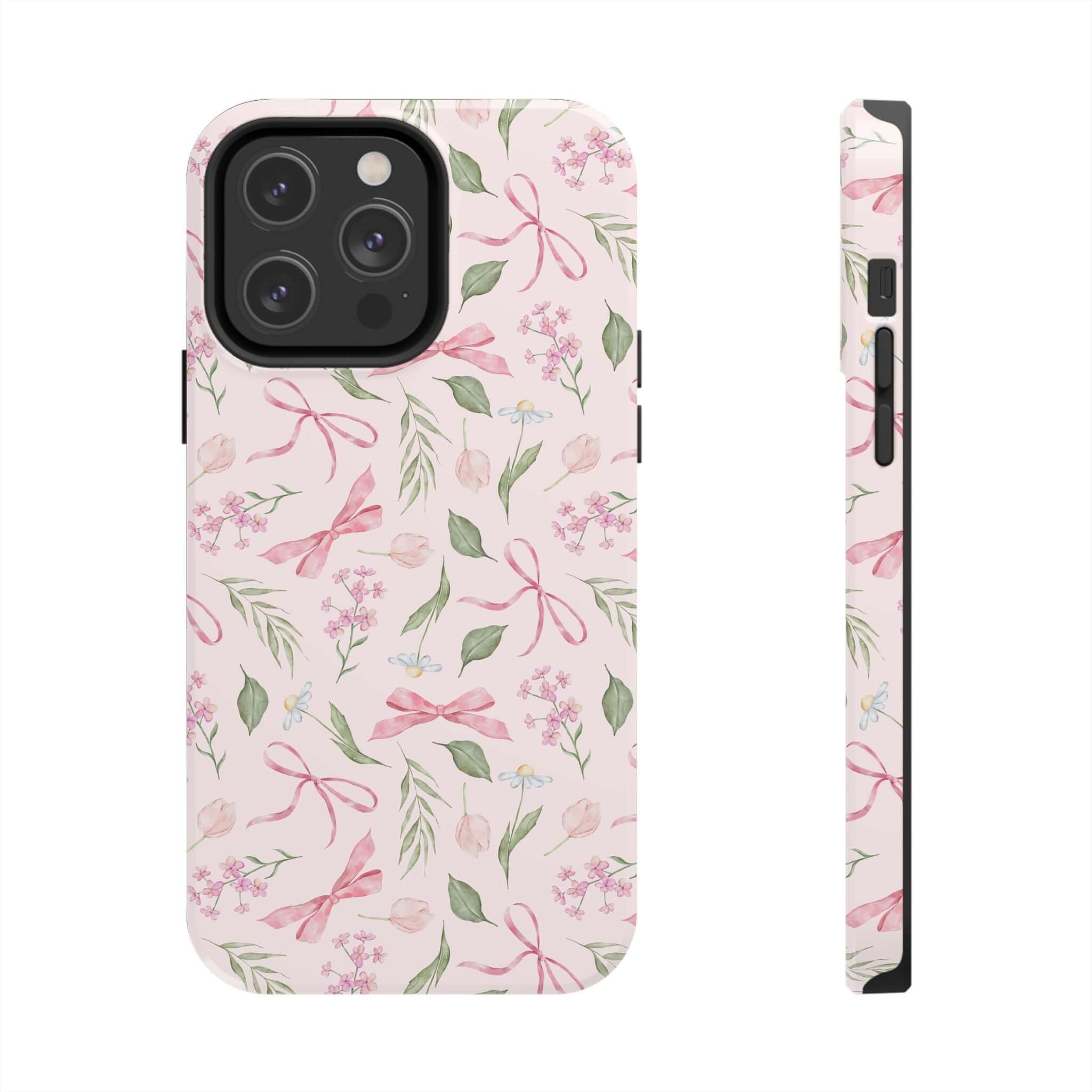 Cute pink iPhone case with adorable bow pattern for iPhone 14 and iPhone 15, stylish and protective phone case by Girlie Twirls