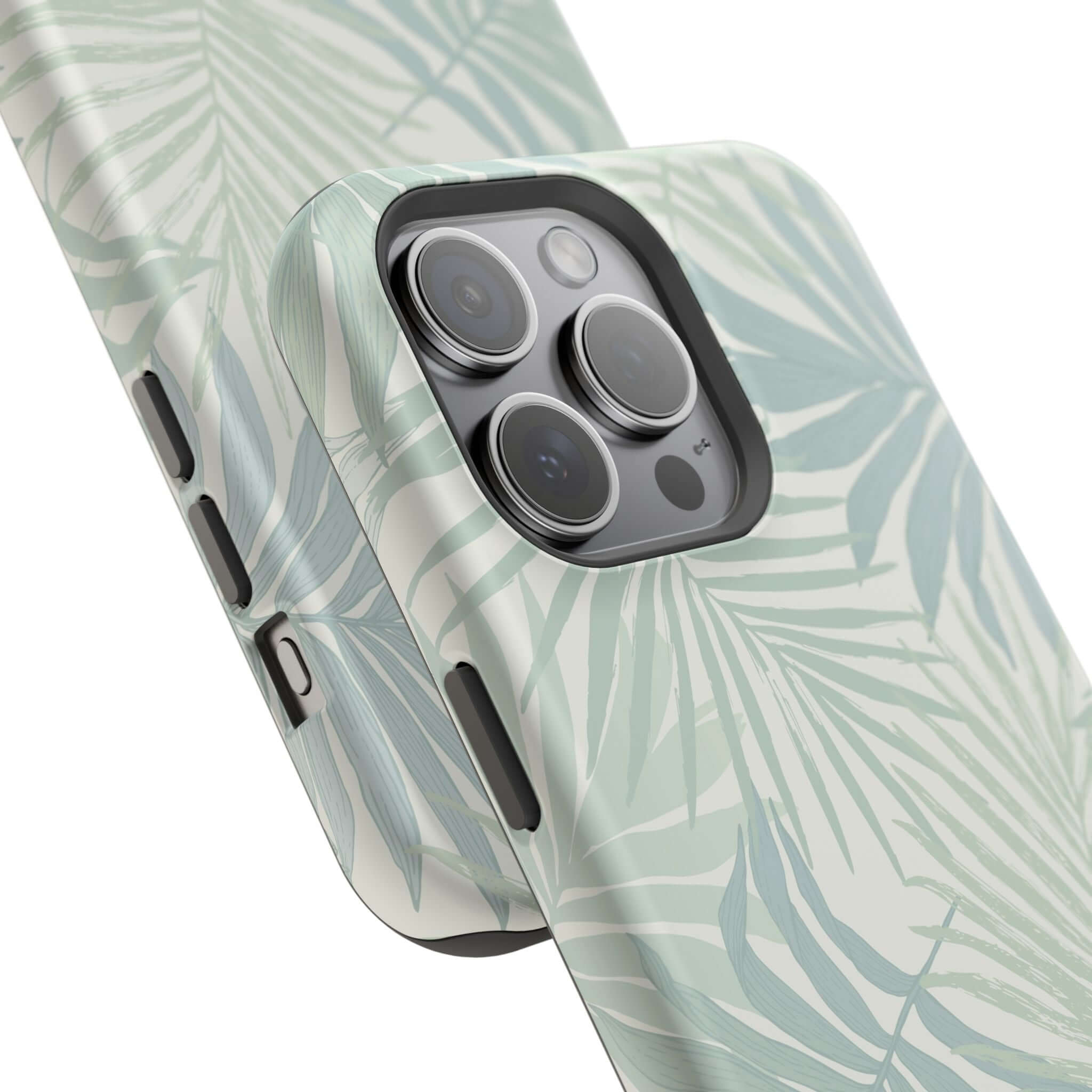 Teal tropical iPhone case with palm tree design, featuring MagSafe technology, free shipping, from cute phone case brands.