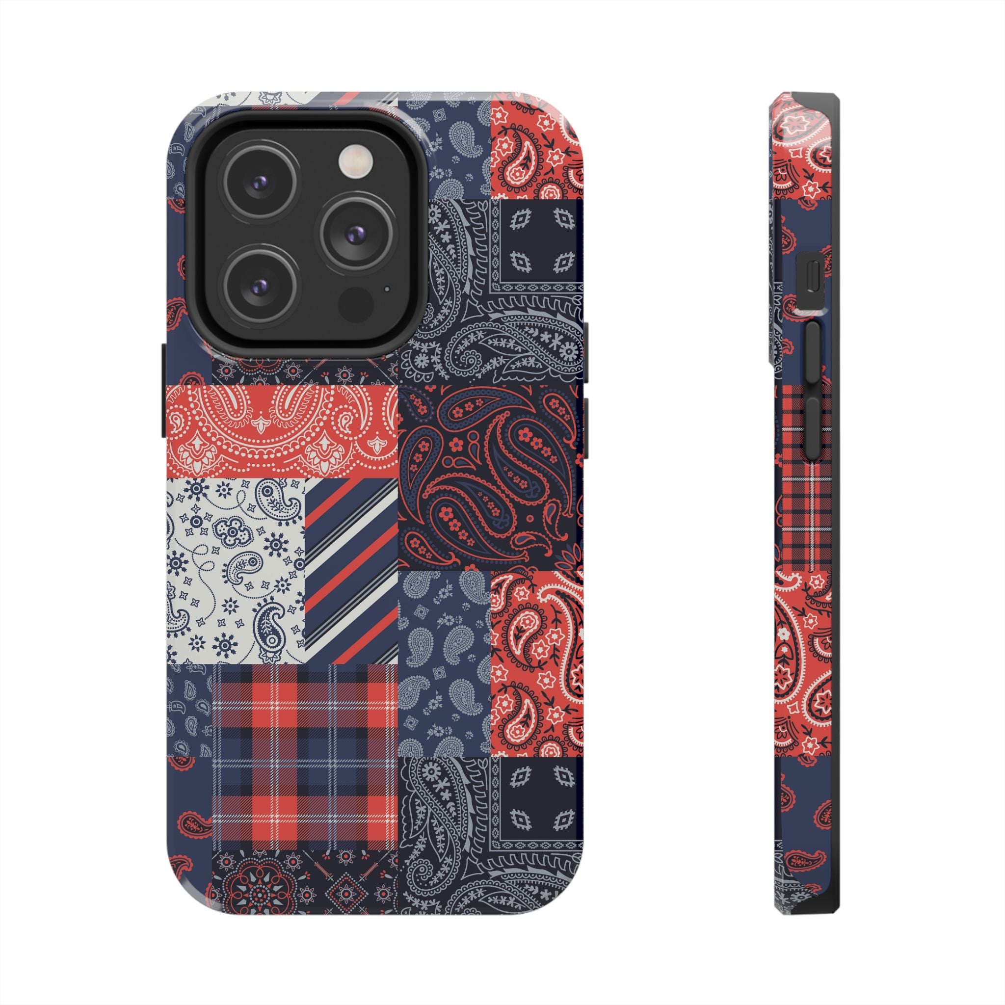 Boho Bandit iPhone 14 Pro case with bandana patchwork design, cute bookish phone case, side and back view.