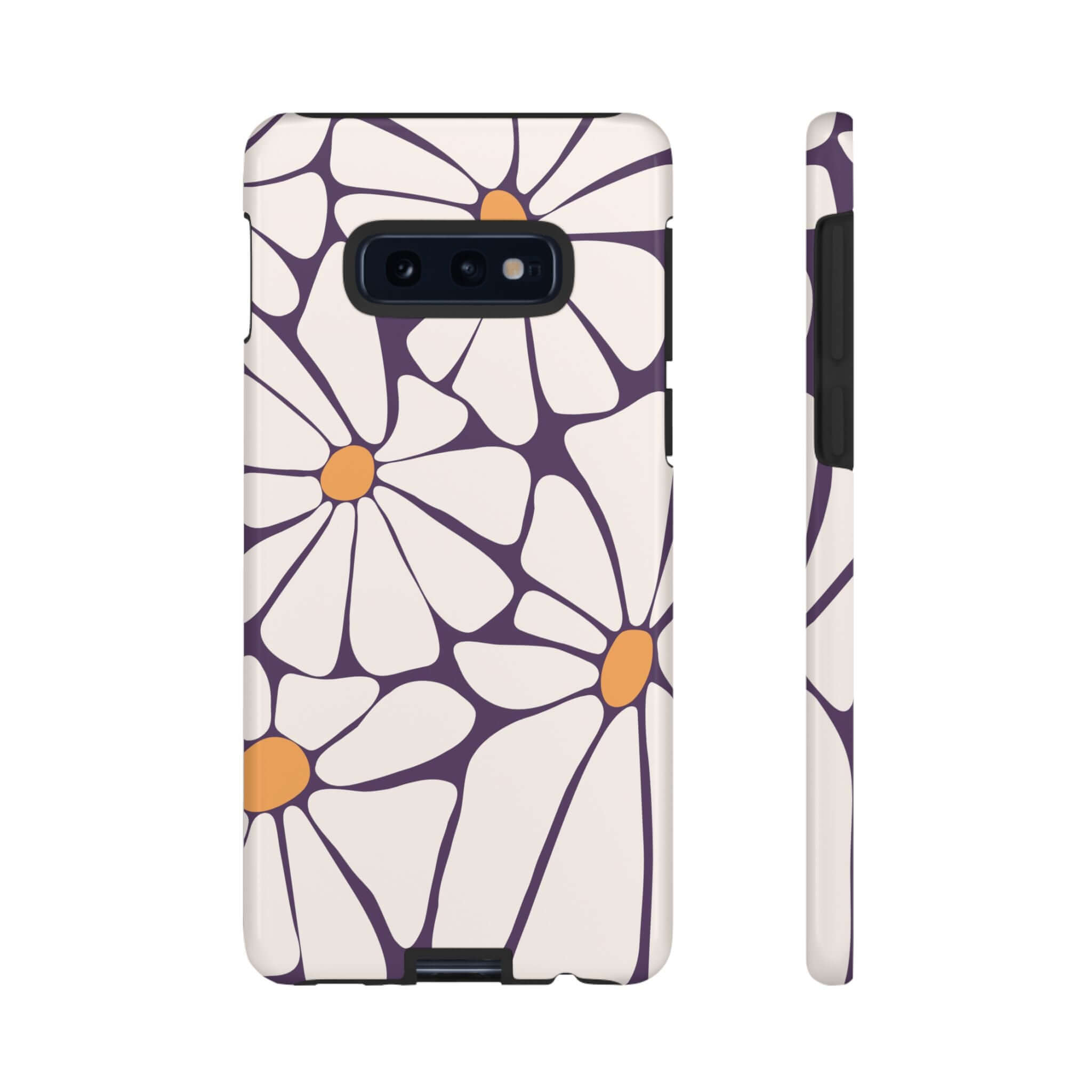 Cute purple flower phone case for iPhone 14 and Samsung devices, retro design offering stylish protection and groovy accessory