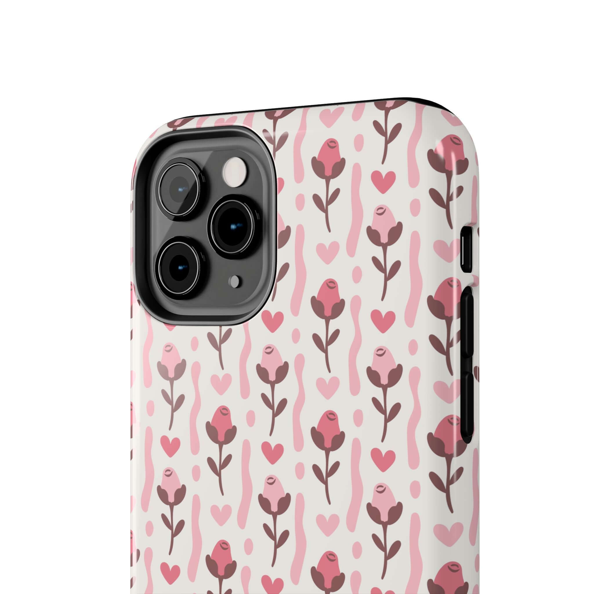 Cute iPhone case with red roses and heart patterns, perfect phone cover for iPhone, free shipping, custom phone case design.