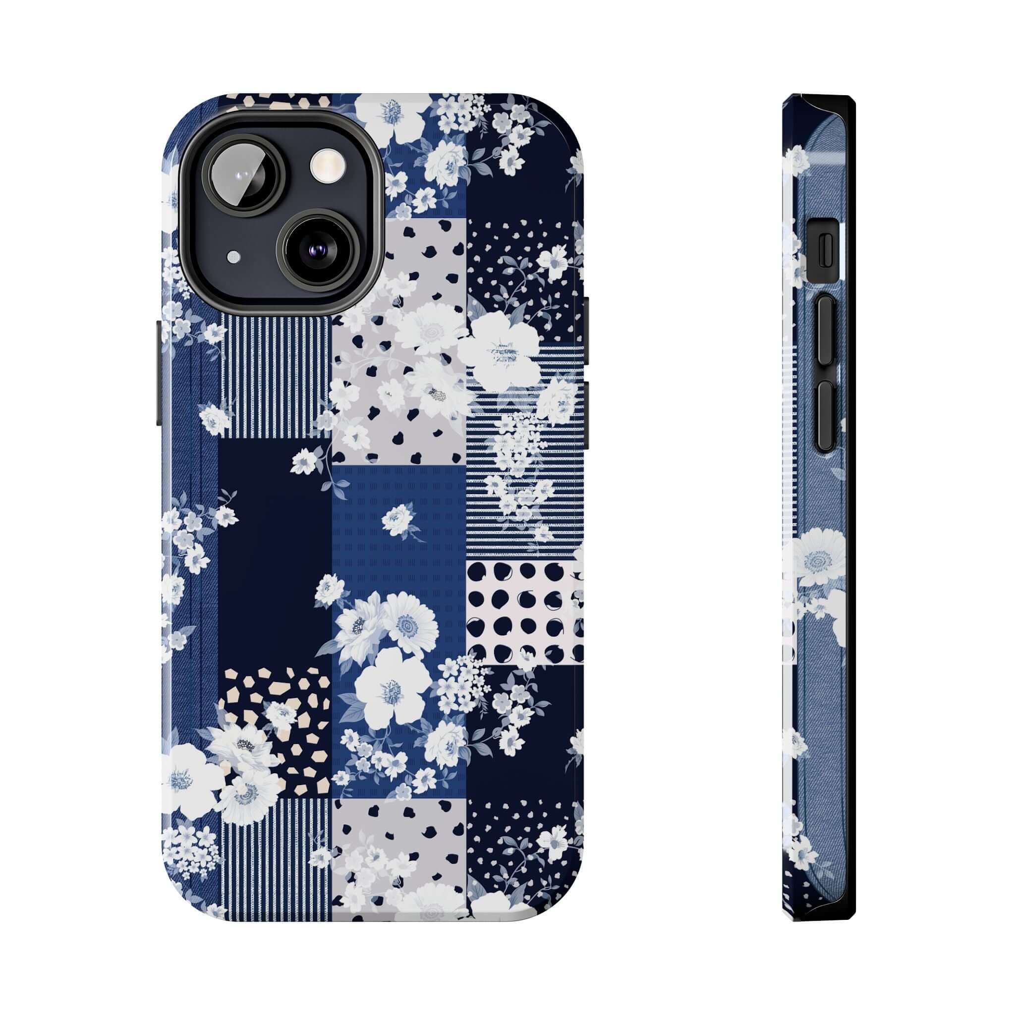 Cute iPhone case with playful blue patchwork floral design, perfect for the Sorority Book Club. Phone cover with flowers for Samsung and iPhone.