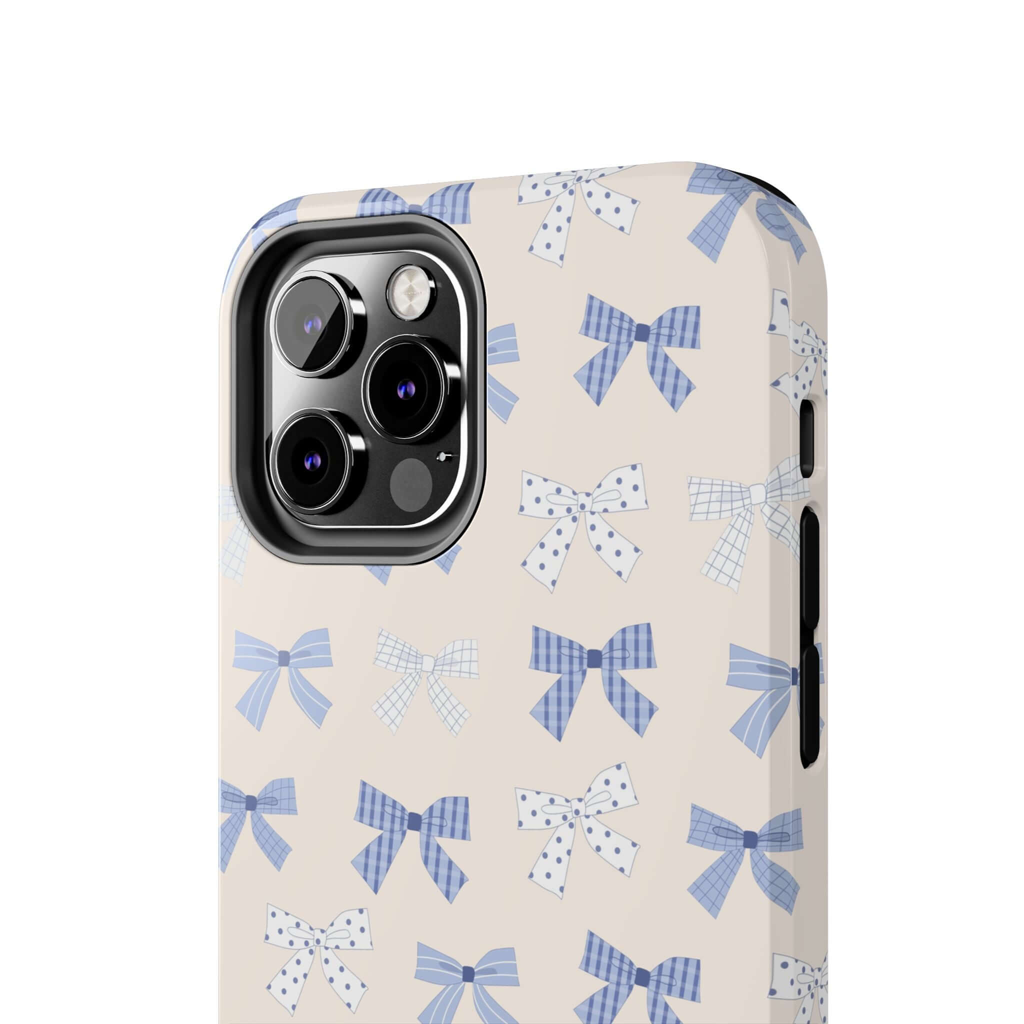 Cute iPhone 16 case with blue bows, perfect for a bride-to-be, showcasing a playful and girlie design.