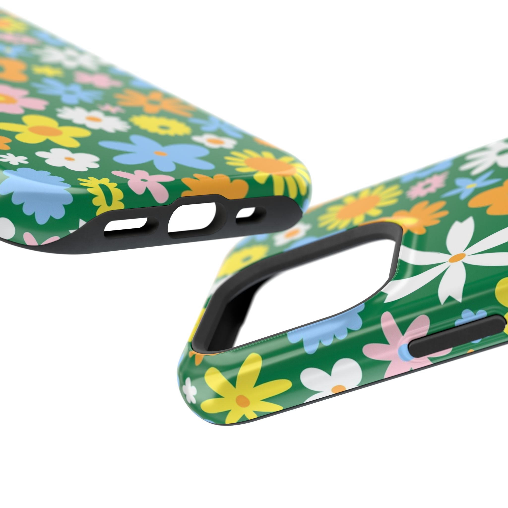 Vibrant floral MagSafe iPhone case with playful hippie design, featuring colorful flowers on a green background. Cute phone cover style.