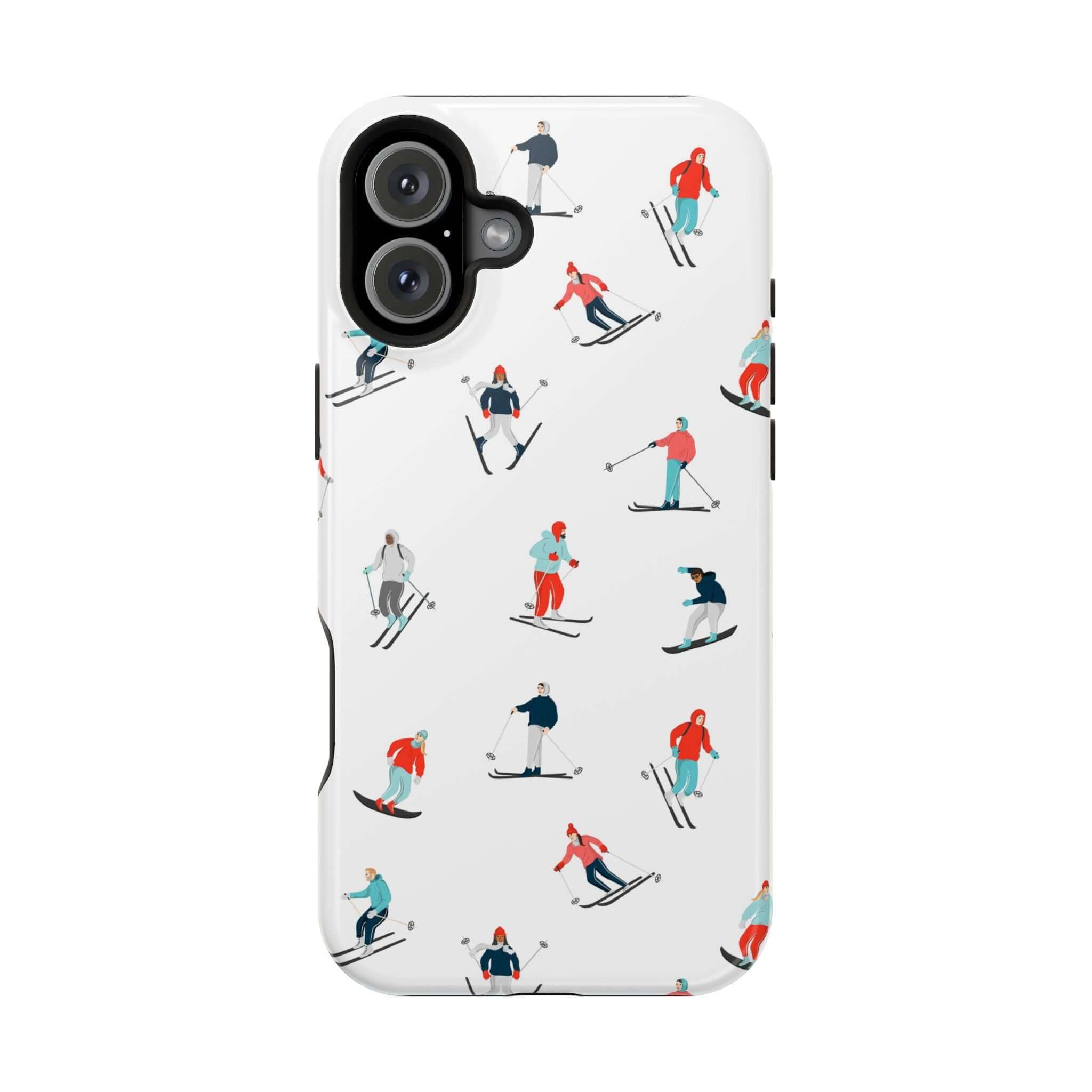 Cute phone cover featuring colorful skiers on a white background, perfect for winter sports enthusiasts.