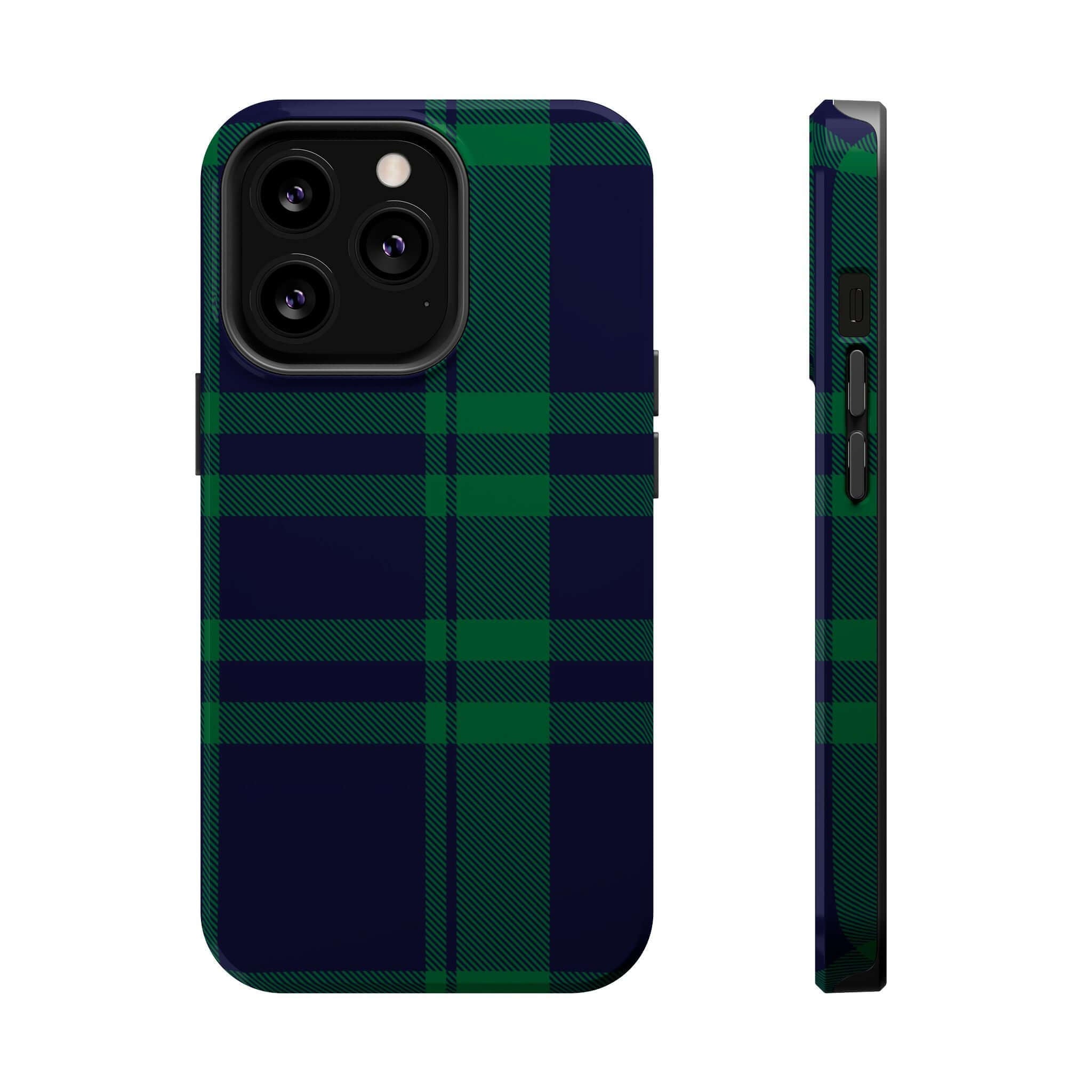 Mistletoe Plaid MagSafe Case for iPhone, featuring a cute green plaid design, perfect for festive holiday cheer.