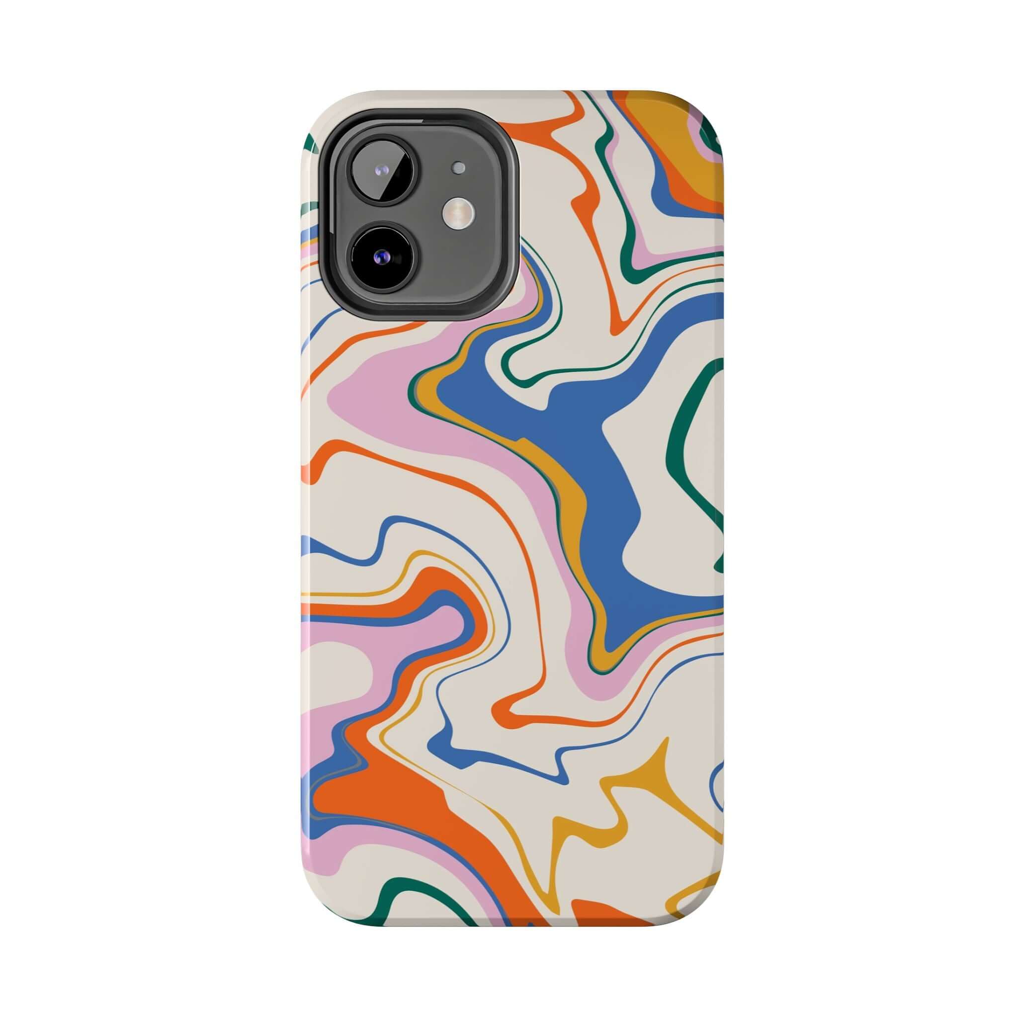 Colorful abstract iPhone case with vibrant swirl design.