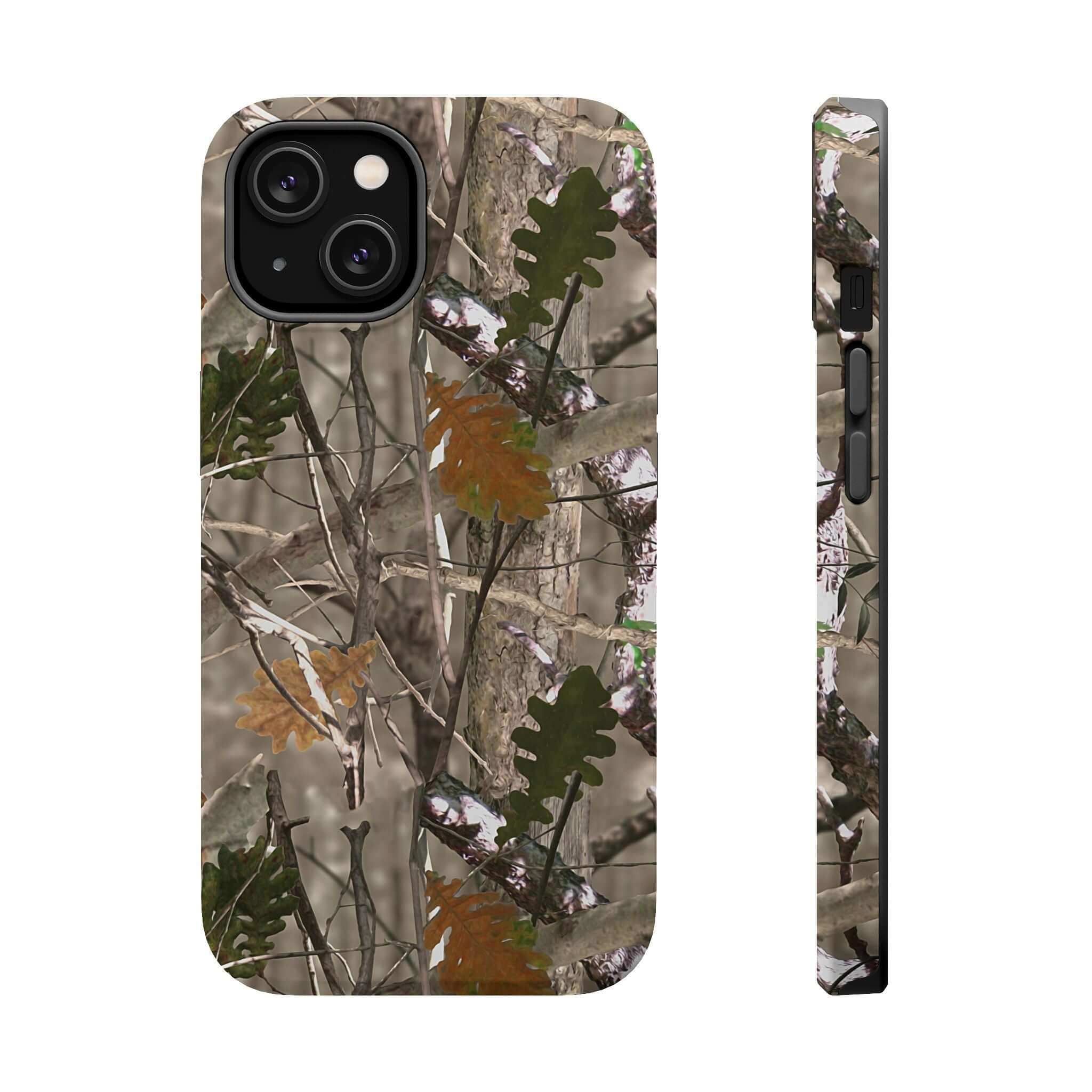 Forest camo MagSafe phone case with animal print design for modern iPhone. Cute and stylish protection accessory.