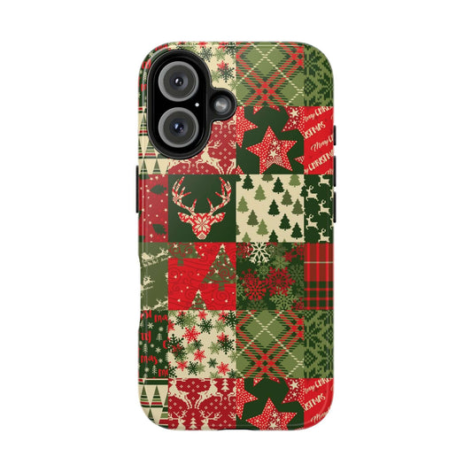 Festive Christmas iPhone case with green and red holiday quilt design featuring trees, reindeer, and snowflakes. Cute custom phone case.