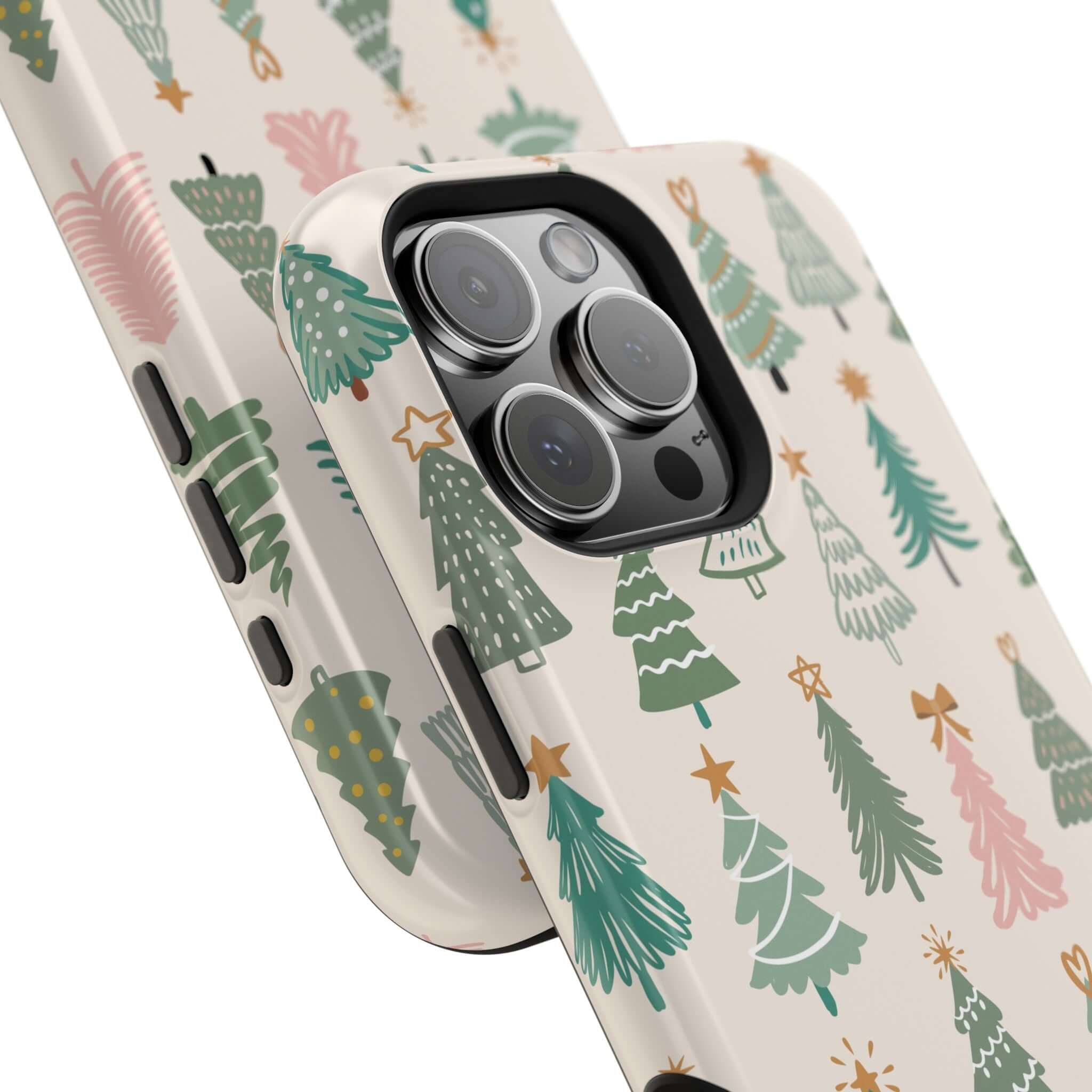 Festive Christmas tree design on a MagSafe phone case, perfect holiday and cute phone cover for holiday spirit and protection.