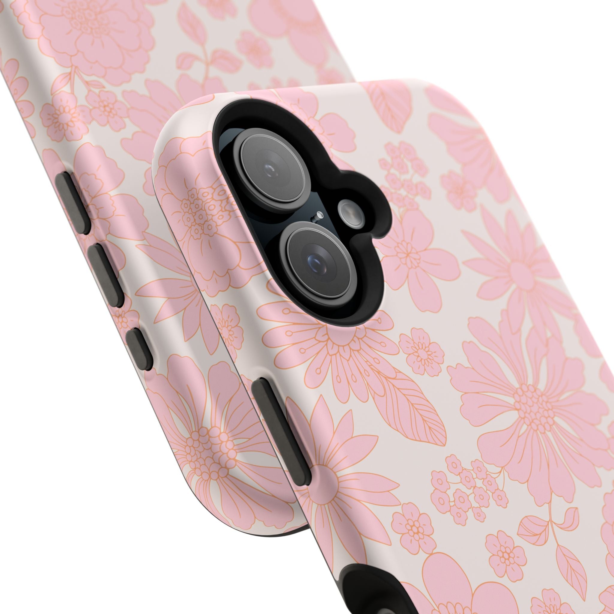 Pink floral MagSafe phone case for iPhone 16, cute cottagecore aesthetic cover with charming petals design.