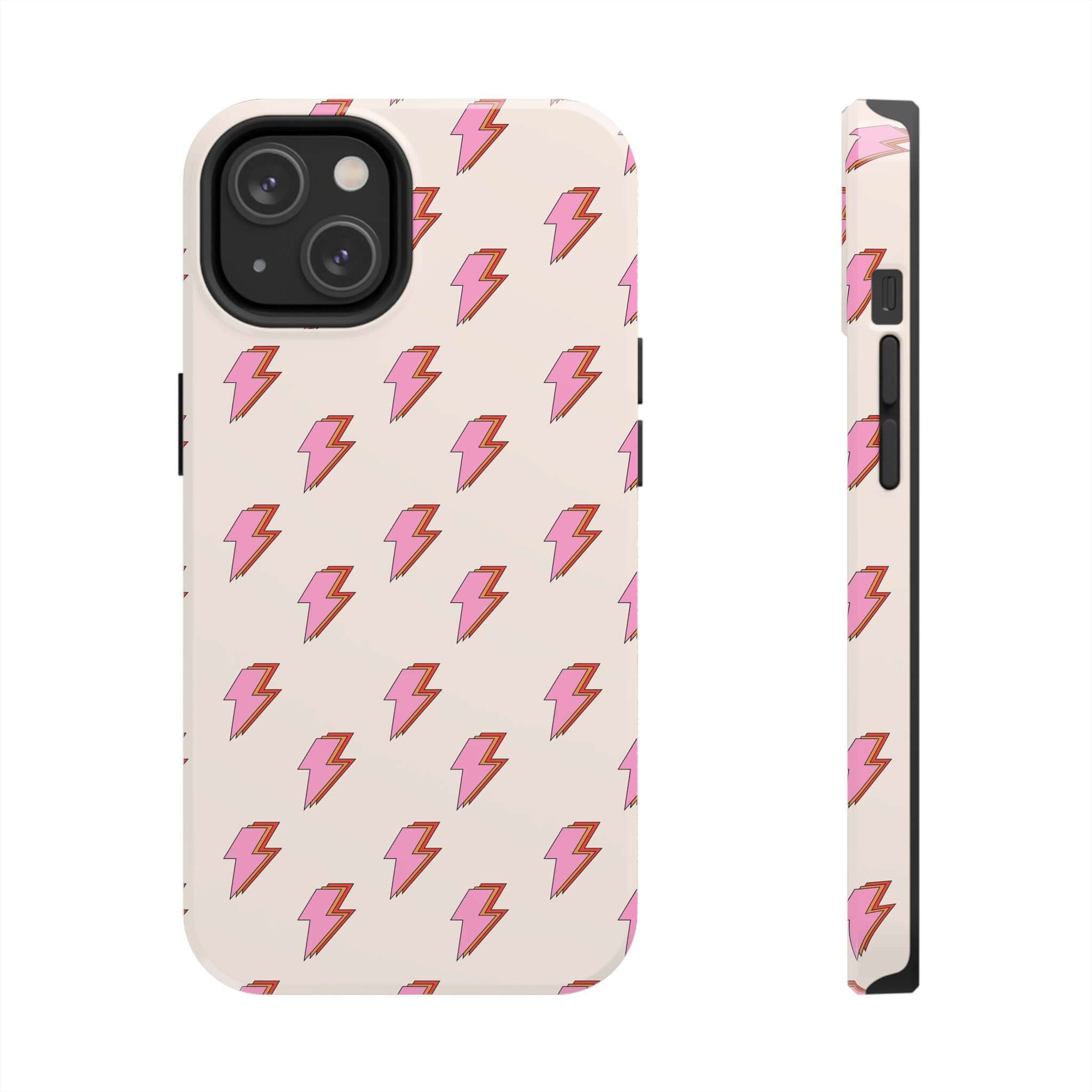 Retro-themed cute iPhone case with pink lightning bolts, suitable for iPhone 14 and iPhone 15, offering stylish protection and free shipping.