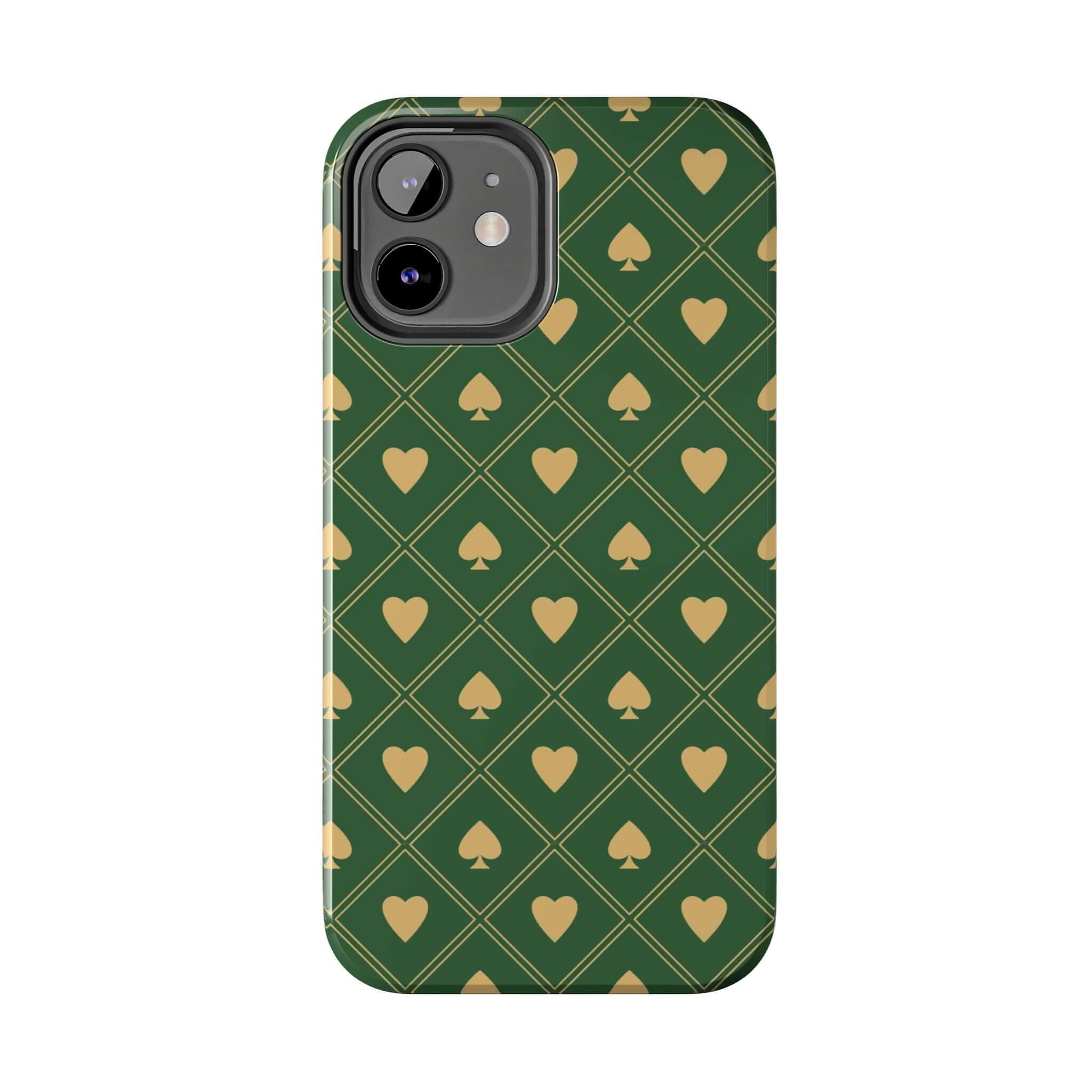 Royal Flush green spade iPhone case with hearts and spades pattern, phone cover with flowers, cute phone case for Samsung and iPhone.