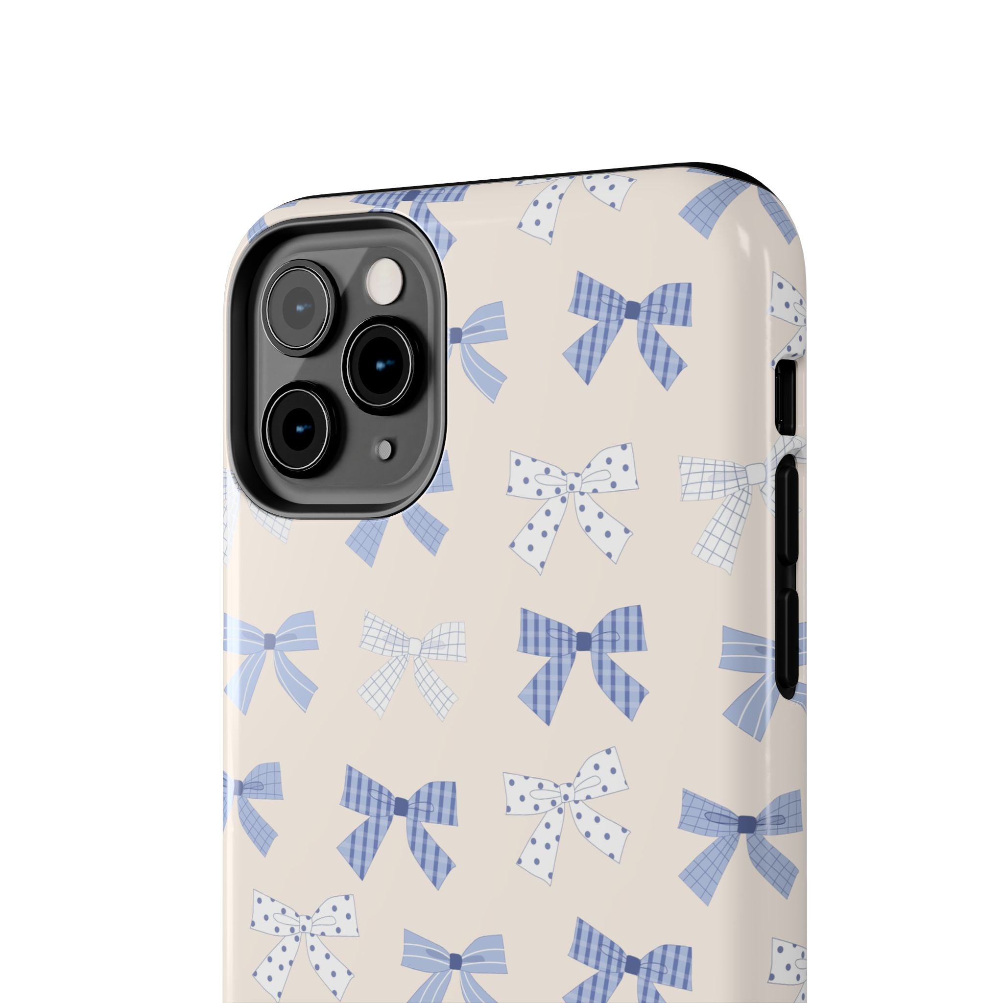 Cute phone case for iPhone 16 with blue bows, perfect for bride-to-be seeking a stylish and protective accessory.