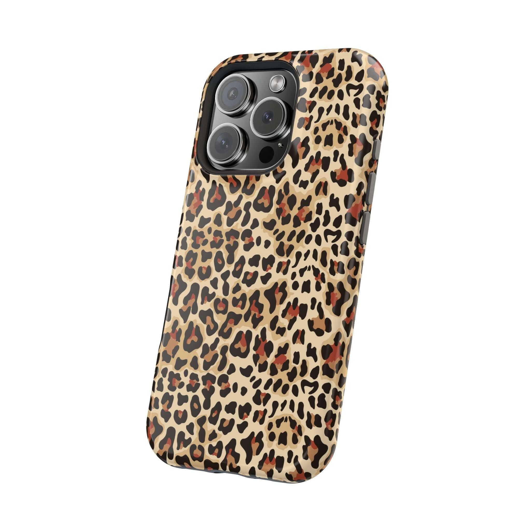 Leopard print iPhone case with MagSafe, offering stylish and colorful design. Cute and abstract phone case providing reliable protection.