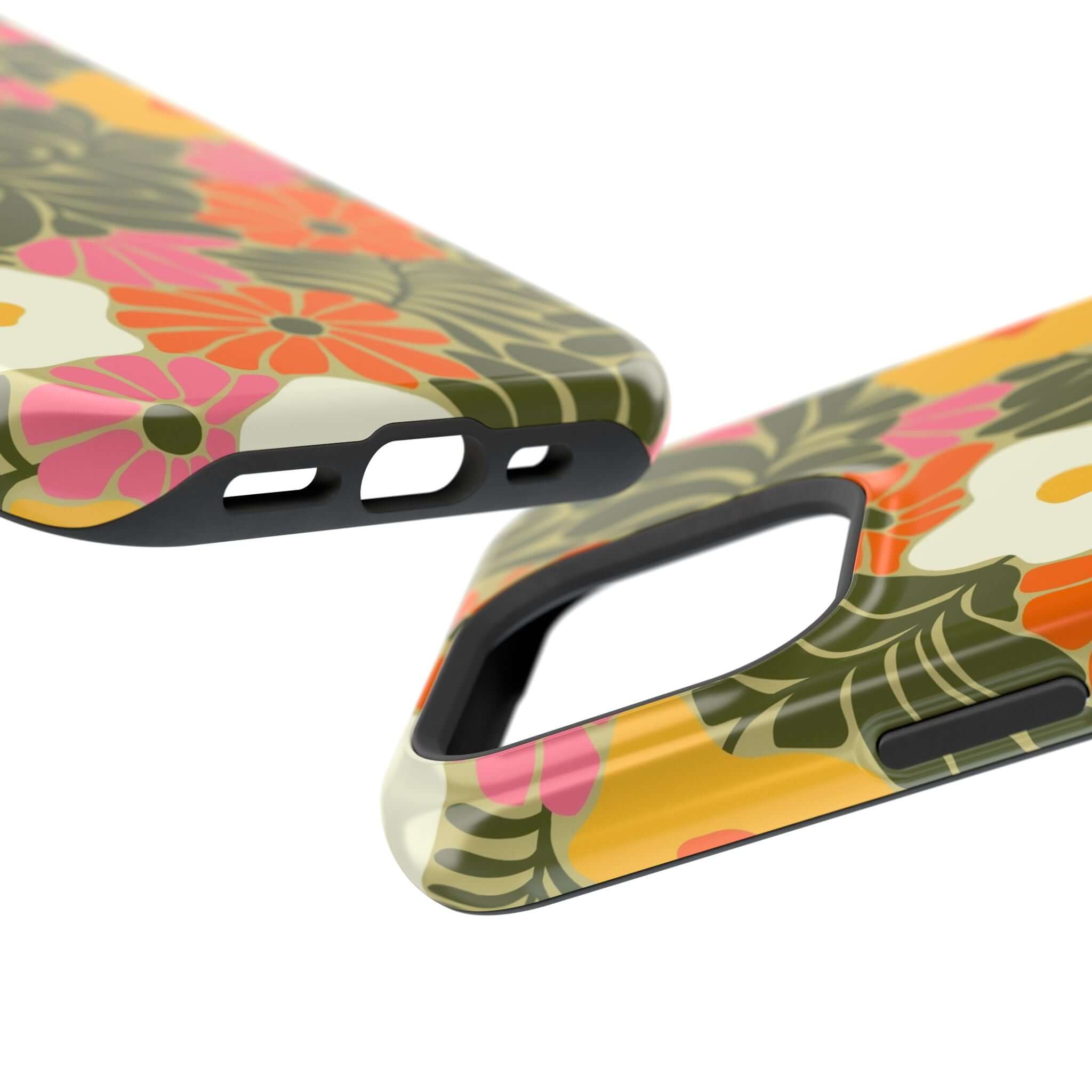 Colorful retro floral phone case design showcasing vibrant tropical flowers and MagSafe compatibility. Ideal for iPhone protection.